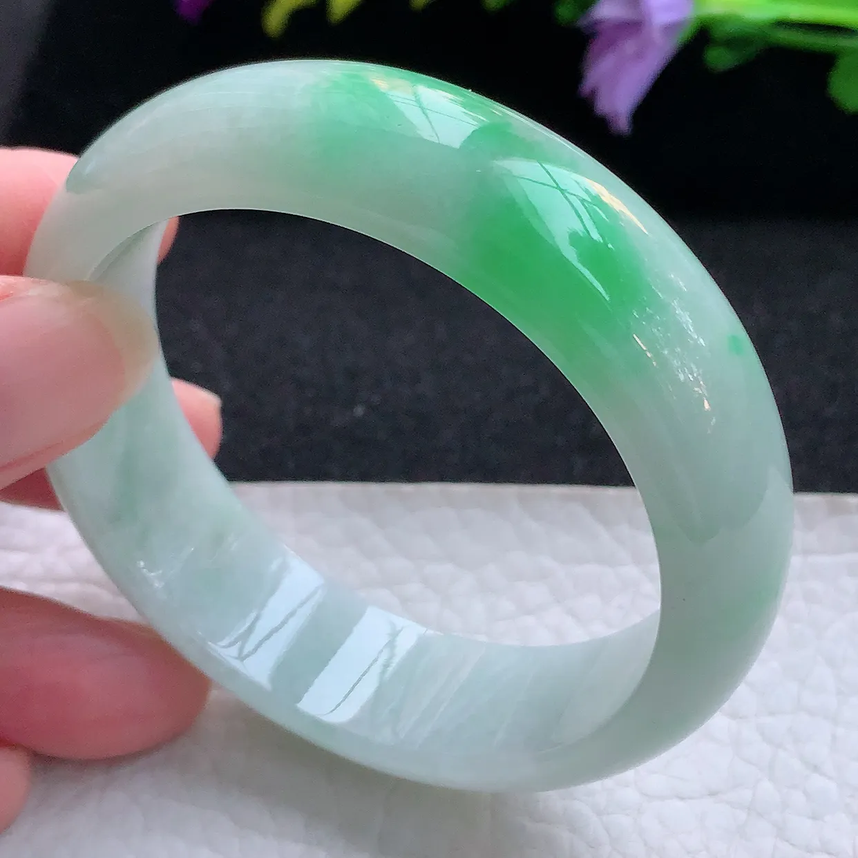 hy实拍53.8*16.3*7.3轮胎镯 天然翡翠A货手镯水润飘阳绿宽边正圈玉镯子