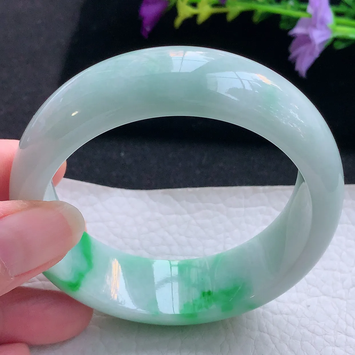 yh实拍59.5*19.8*8.8轮胎镯 天然翡翠A货手镯白底青大气宽边玉手环