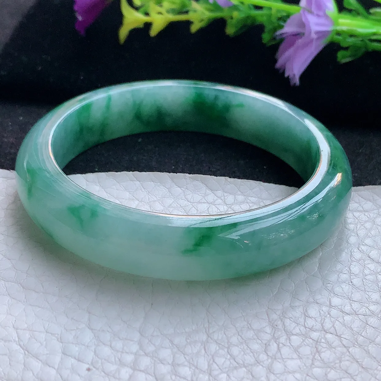 r实拍55*12.3*7.8平安镯 天然翡翠A货玉手镯飘花正圈玉手环