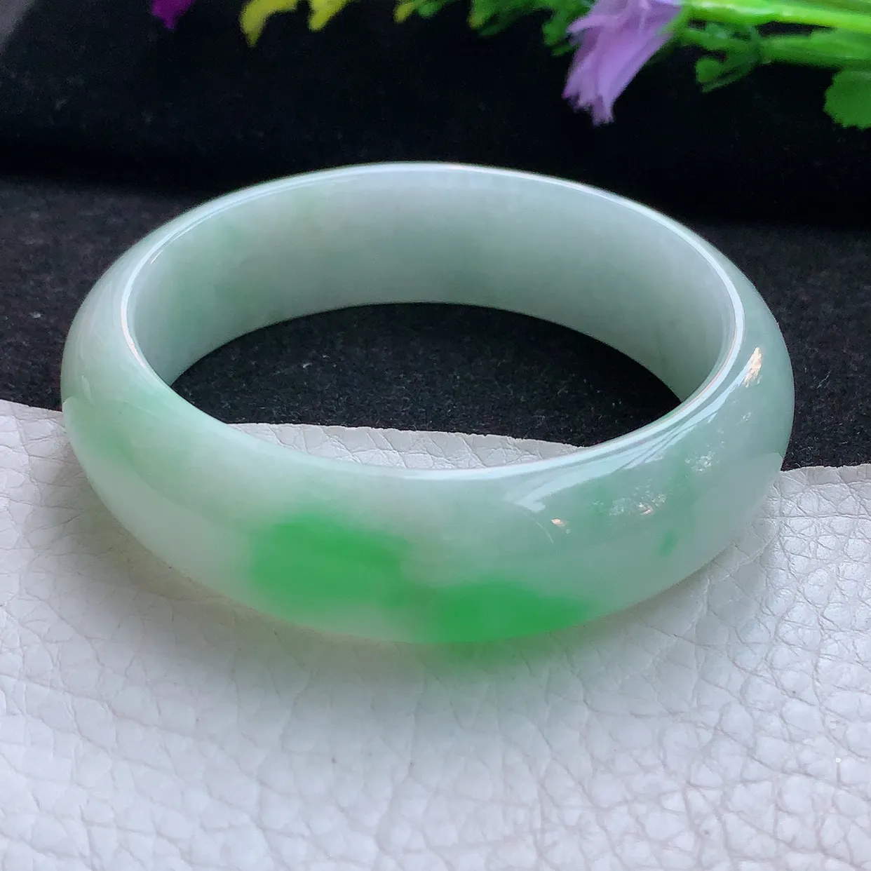 hy实拍53.8*16.3*7.3轮胎镯 天然翡翠A货手镯水润飘阳绿宽边正圈玉镯子