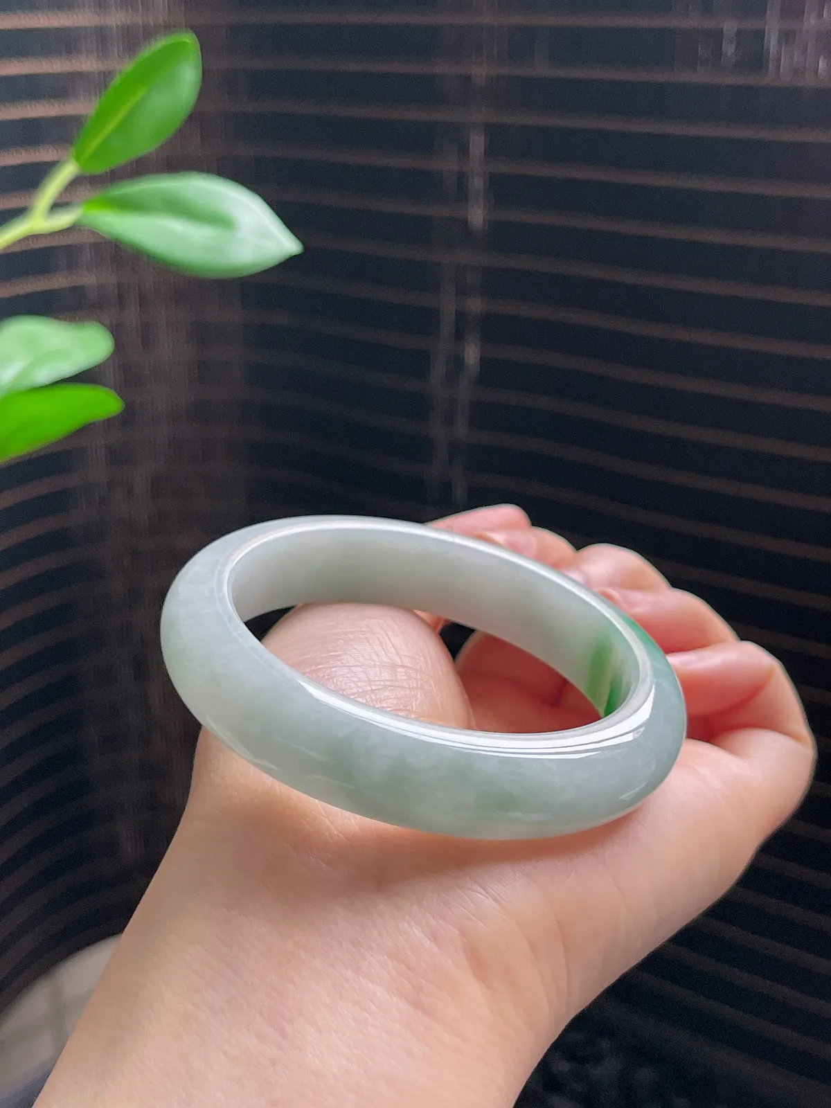 正圈53.7圈口，翡翠糯化种飘绿手镯