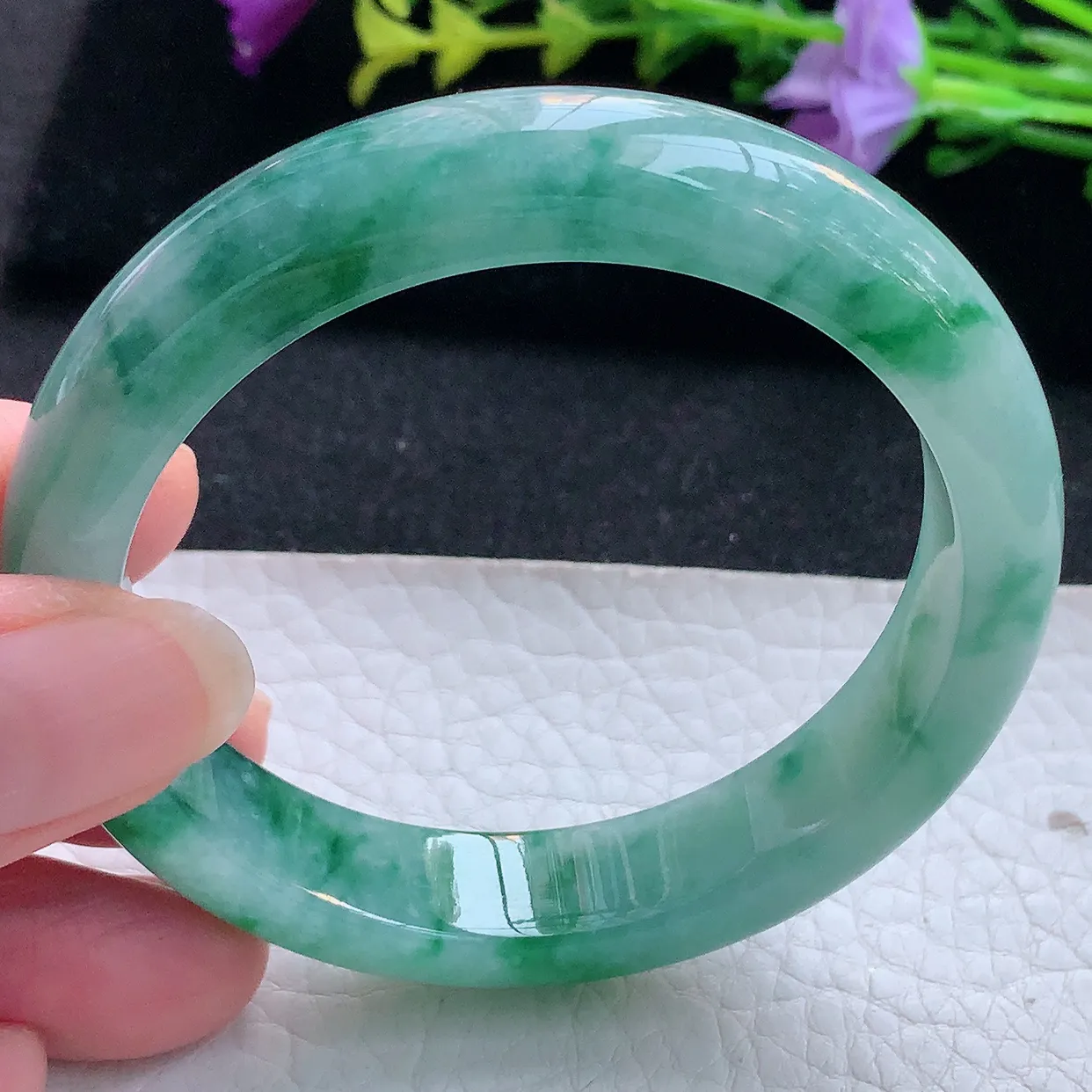 r实拍55*12.3*7.8平安镯 天然翡翠A货玉手镯飘花正圈玉手环