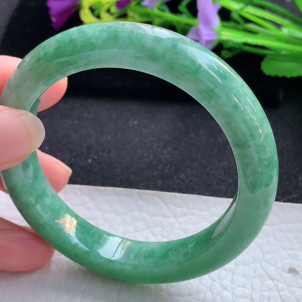 js实拍55*11.5*8平安镯 天然翡翠A货手镯满绿宽边正圈玉镯子