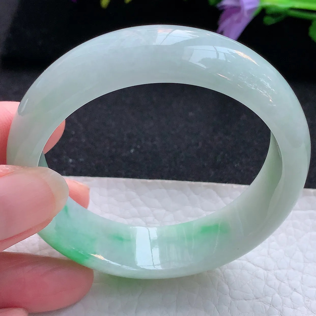 hy实拍53.8*16.3*7.3轮胎镯 天然翡翠A货手镯水润飘阳绿宽边正圈玉镯子