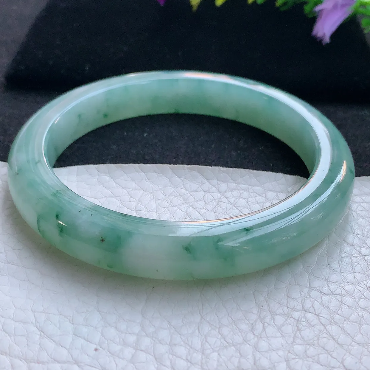 yh大圈口65*11.2*10平安镯 天然翡翠A货手镯冰飘花厚装宽边玉镯子