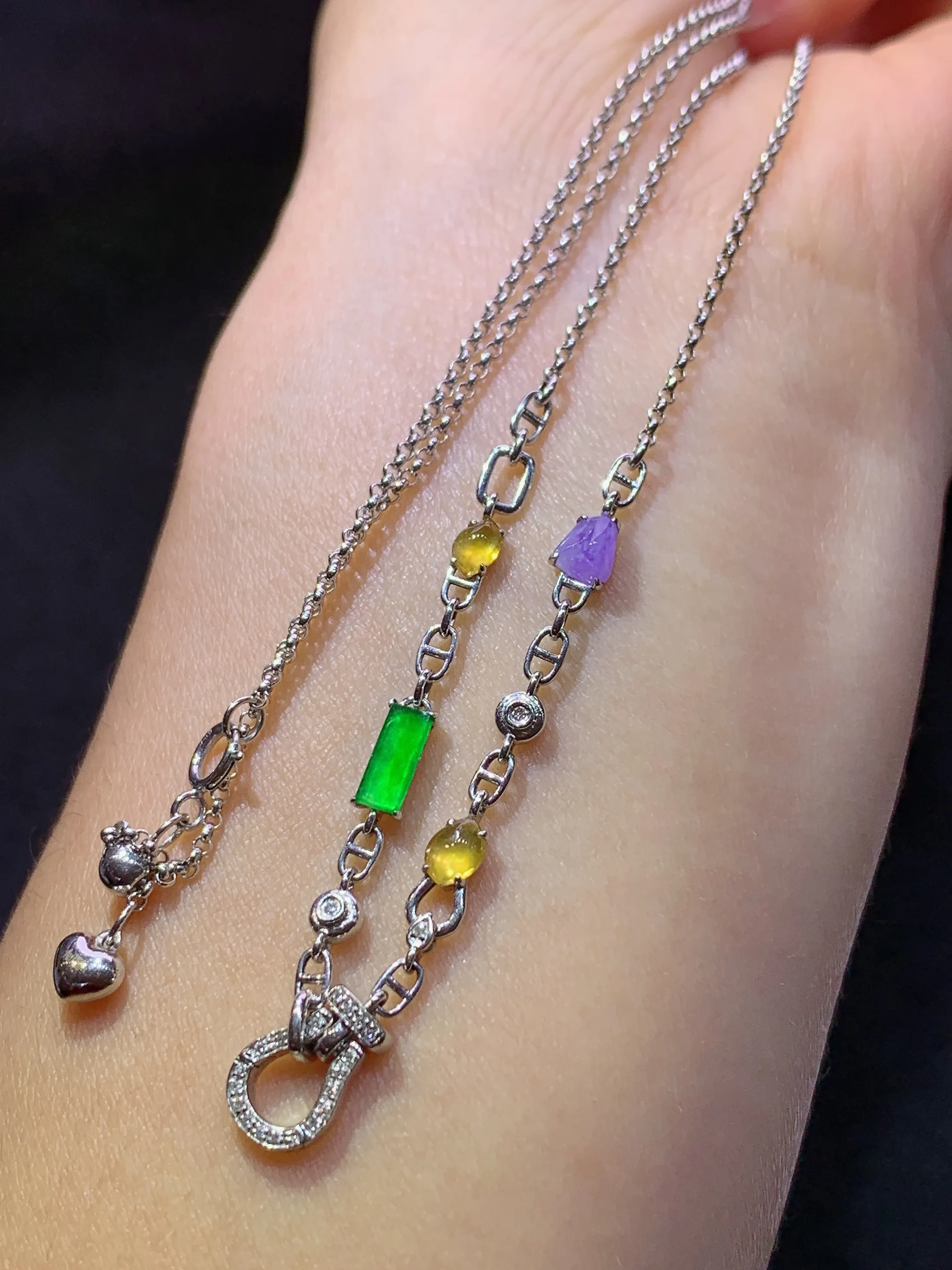 冰种三彩蛋面多用链，18k金镶嵌，款式新颖，冰润鲜艳，种水足，裸石尺寸3.6*3*2.5