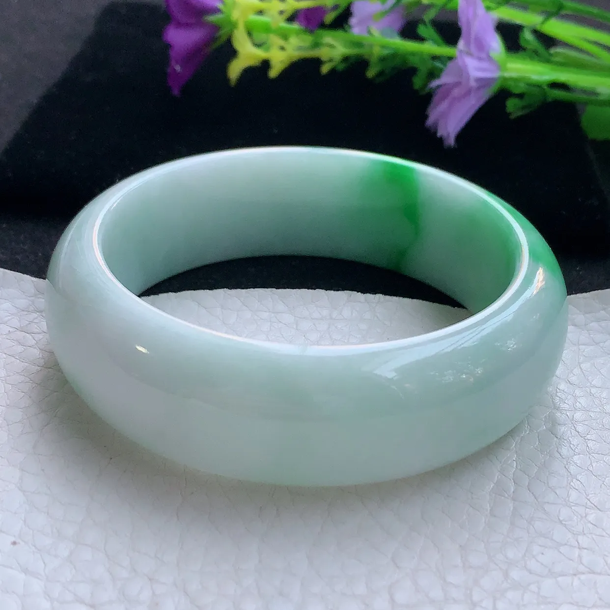 yh实拍59.5*19.8*8.8轮胎镯 天然翡翠A货手镯白底青大气宽边玉手环