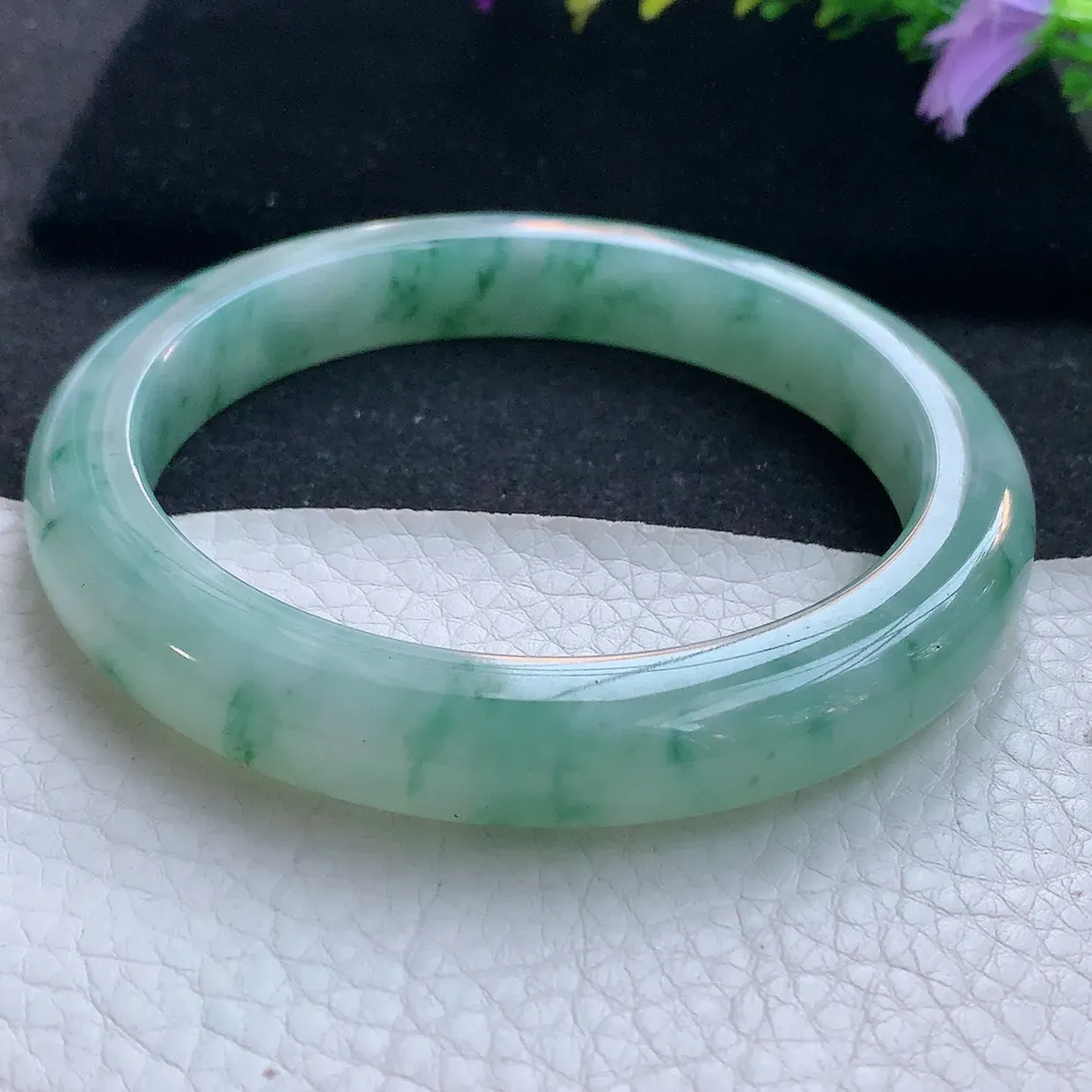 yh大圈口65*11.2*10平安镯 天然翡翠A货手镯冰飘花厚装宽边玉镯子