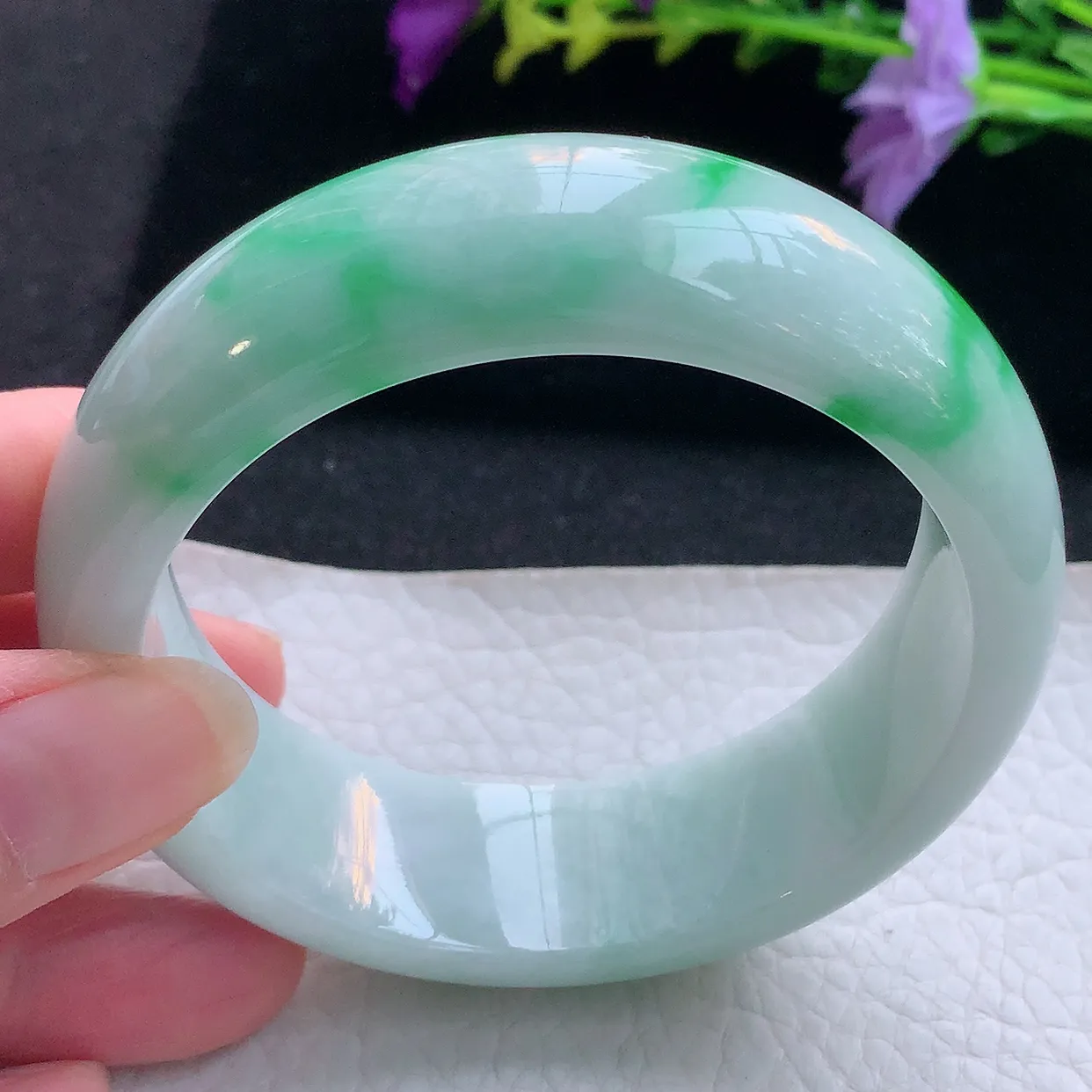 yh实拍59.5*19.8*8.8轮胎镯 天然翡翠A货手镯白底青大气宽边玉手环