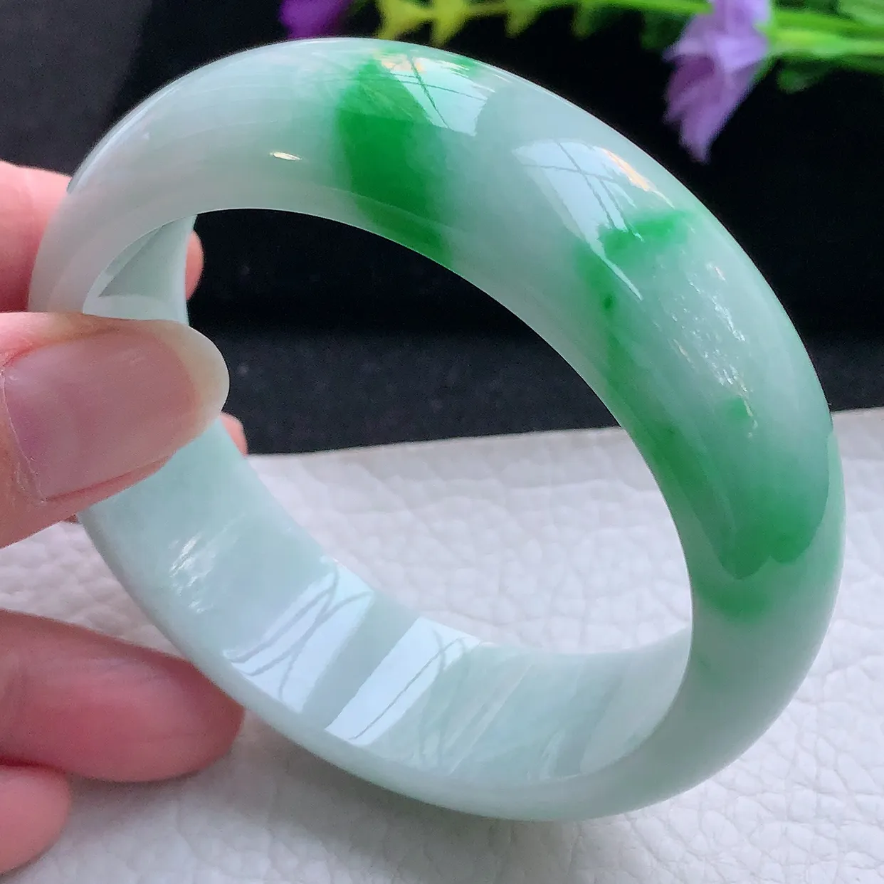 yh实拍59.5*19.8*8.8轮胎镯 天然翡翠A货手镯白底青大气宽边玉手环