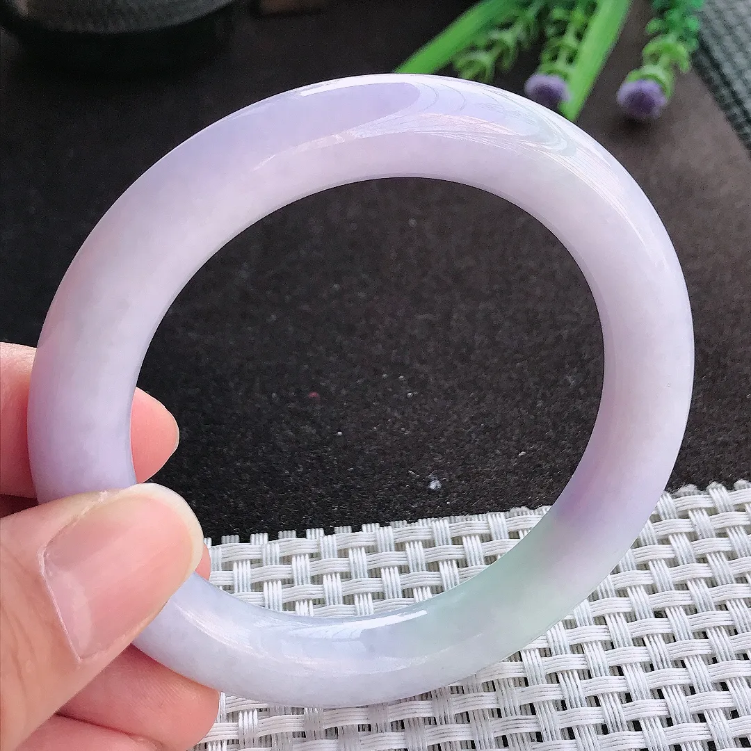 实拍A货翡翠57.5/11/10.8老坑温润紫罗兰圆条手镯翡翠玉镯手环