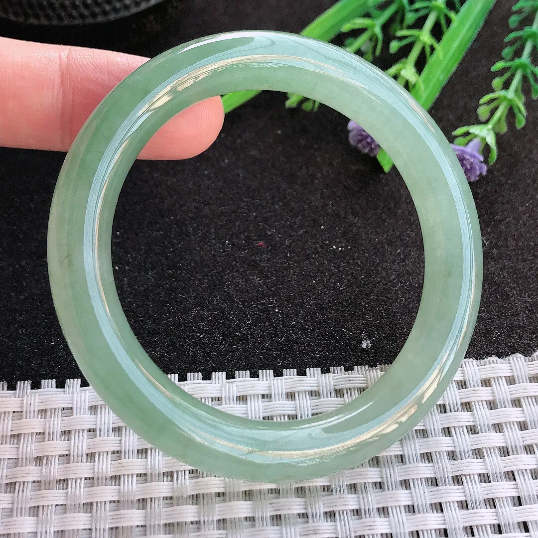 实拍A货翡翠52.5/10/9.2老坑冰胶果冻冰晴满绿圆条手镯玉镯手环