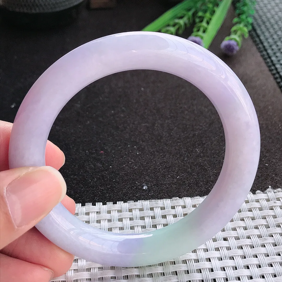 实拍A货翡翠57.5/11/10.8老坑温润紫罗兰圆条手镯翡翠玉镯手环