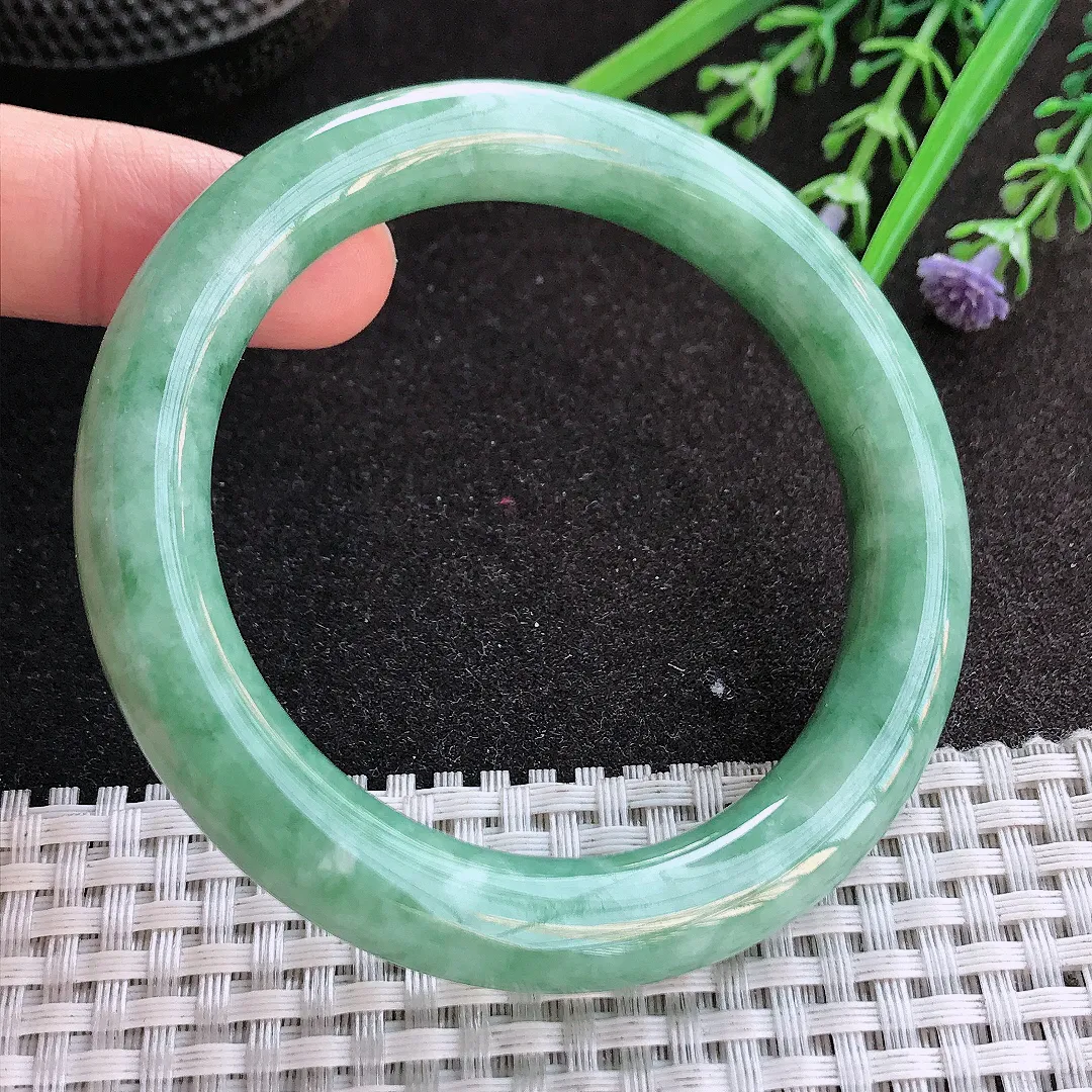 实拍A货翡翠55/10.3/10老坑温润满绿圆条手镯玉镯手环