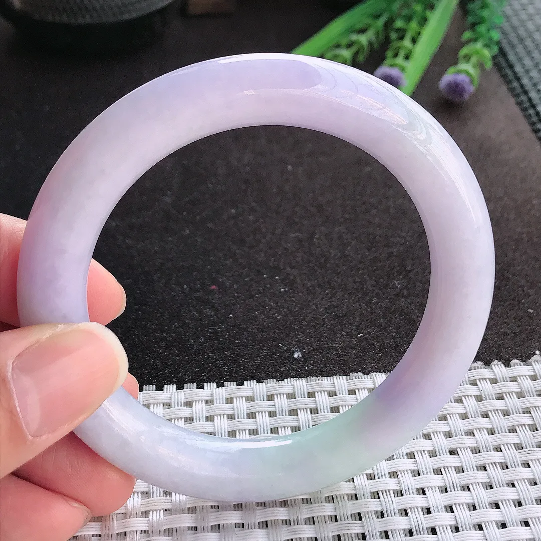 实拍A货翡翠57.5/11/10.8老坑温润紫罗兰圆条手镯翡翠玉镯手环