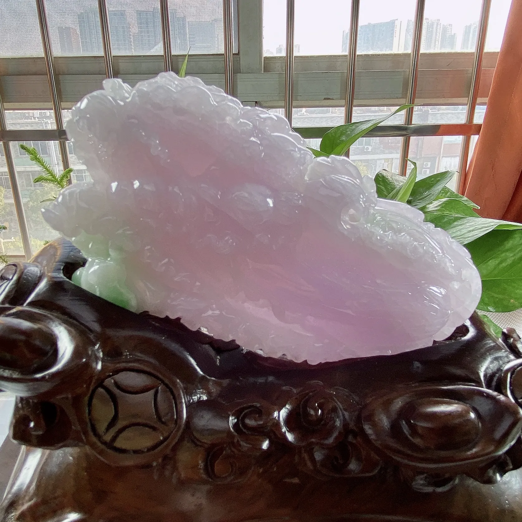 缅甸天然翡翠A货，精雕冰糯种春彩白菜摆件，尺寸：整体220/100/170mm，裸石130/29/68mm，重量： 裸石403g，整体1.7公斤