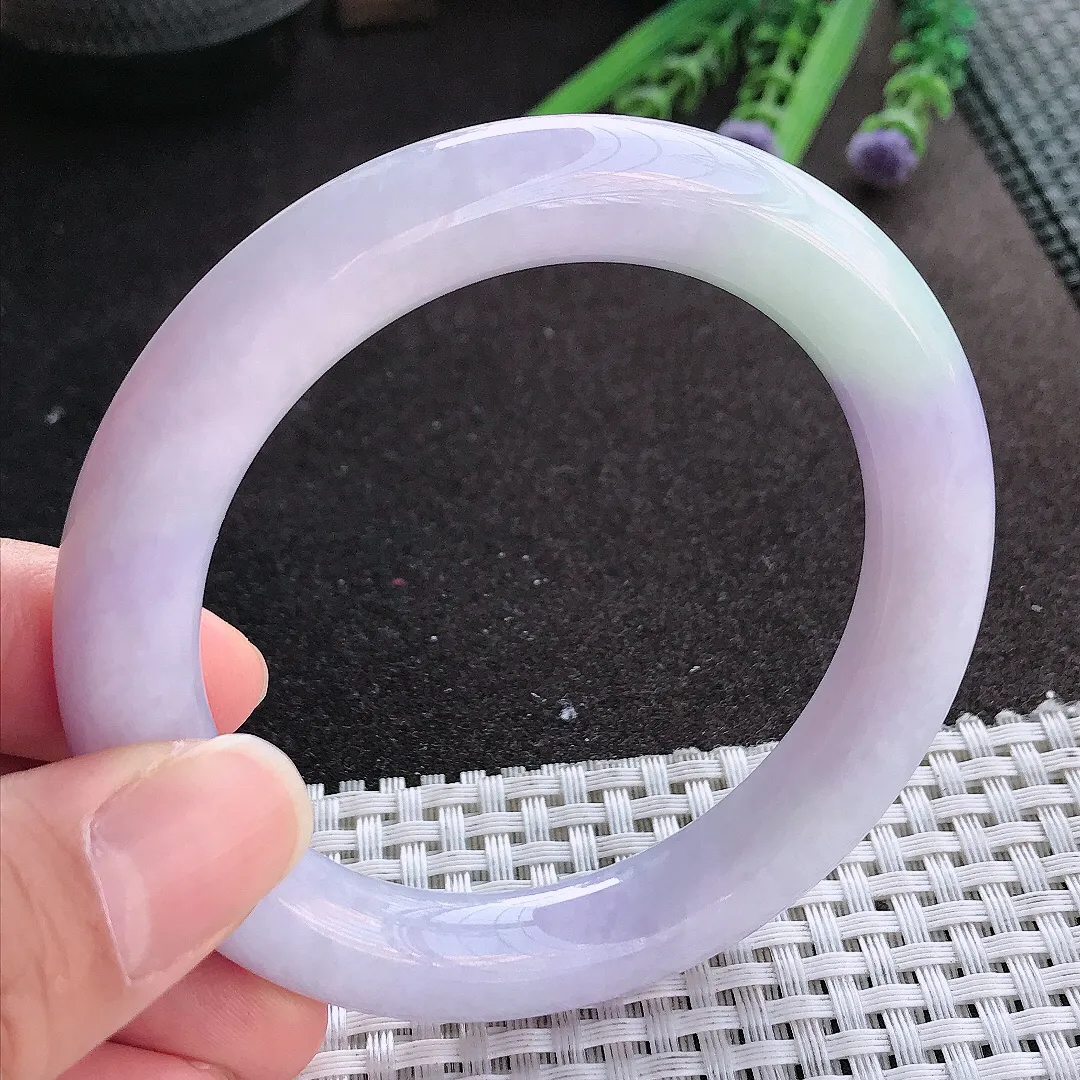 实拍A货翡翠57.5/11/10.8老坑温润紫罗兰圆条手镯翡翠玉镯手环