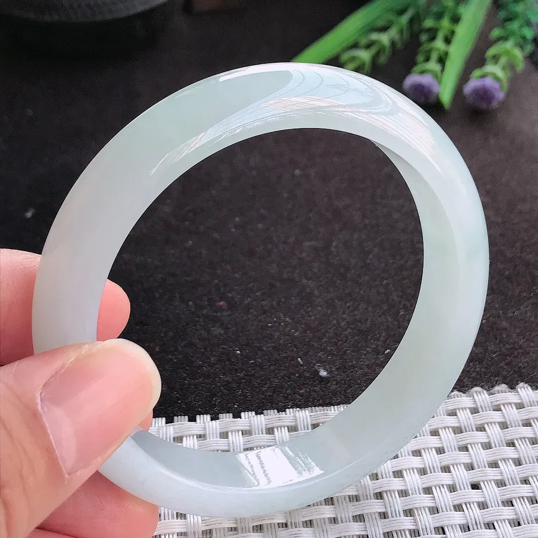 实拍A货翡翠58/12.8/8老坑冰润起胶白冰手镯宽边玉镯手环