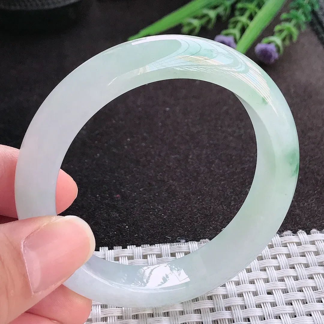 实拍A货翡翠55.5/13/8.9老坑冰透果冻胶冰飘花手镯宽边玉镯手环