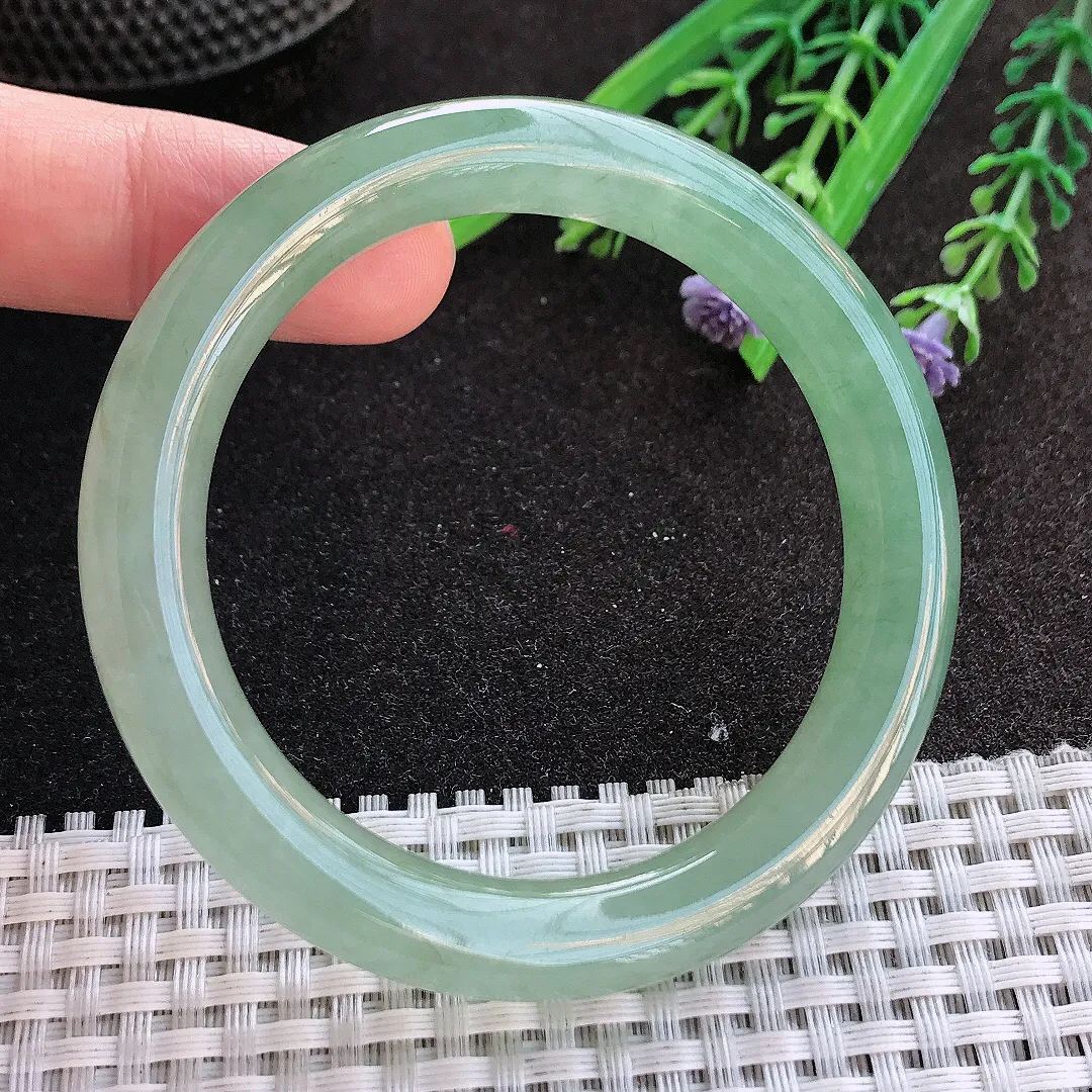 实拍A货翡翠52.5/10/9.2老坑冰胶果冻冰晴满绿圆条手镯玉镯手环