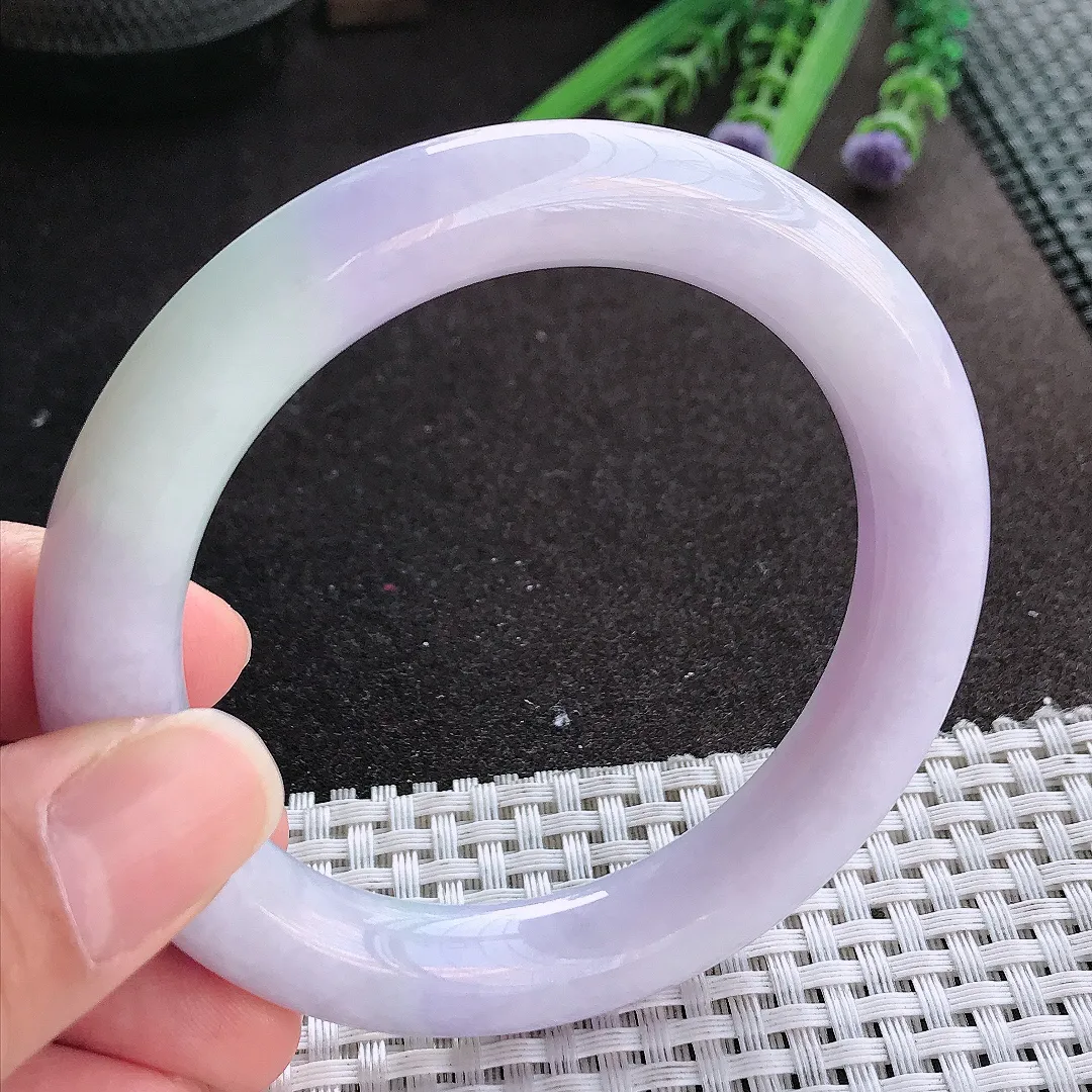 实拍A货翡翠57.5/11/10.8老坑温润紫罗兰圆条手镯翡翠玉镯手环