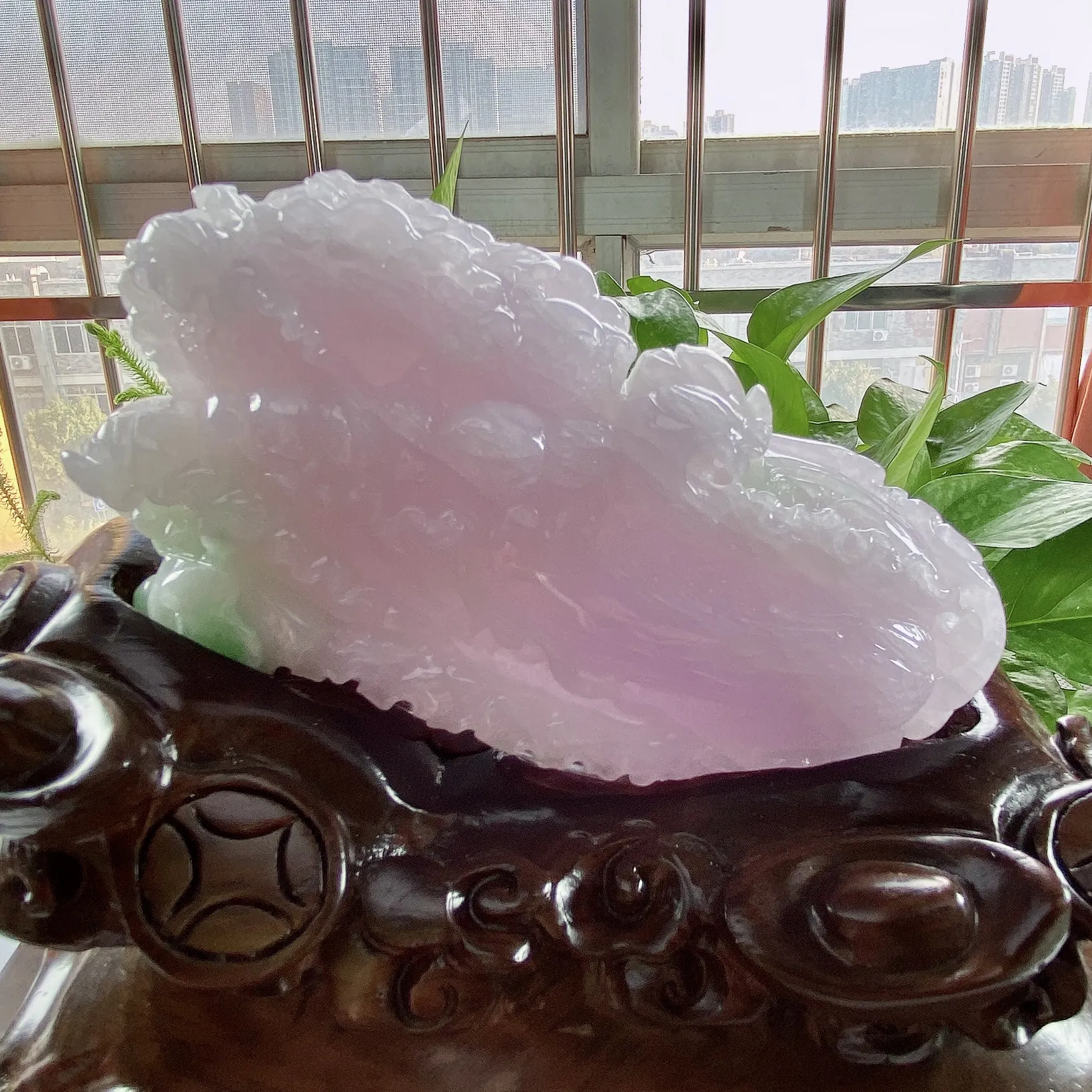 缅甸天然翡翠A货，精雕冰糯种春彩白菜摆件，尺寸：整体220/100/170mm，裸石130/29/68mm，重量： 裸石403g，整体1.7公斤