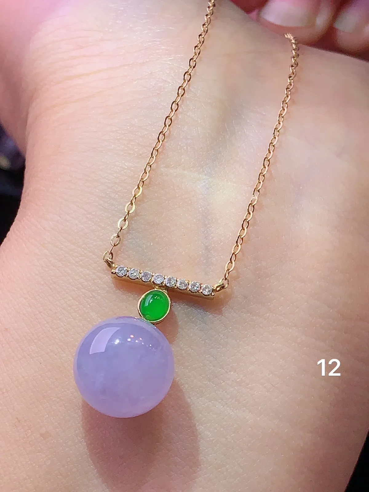 18k金钻镶嵌紫罗兰圆珠项链 玉质细腻 水润亮眼  整体尺寸12