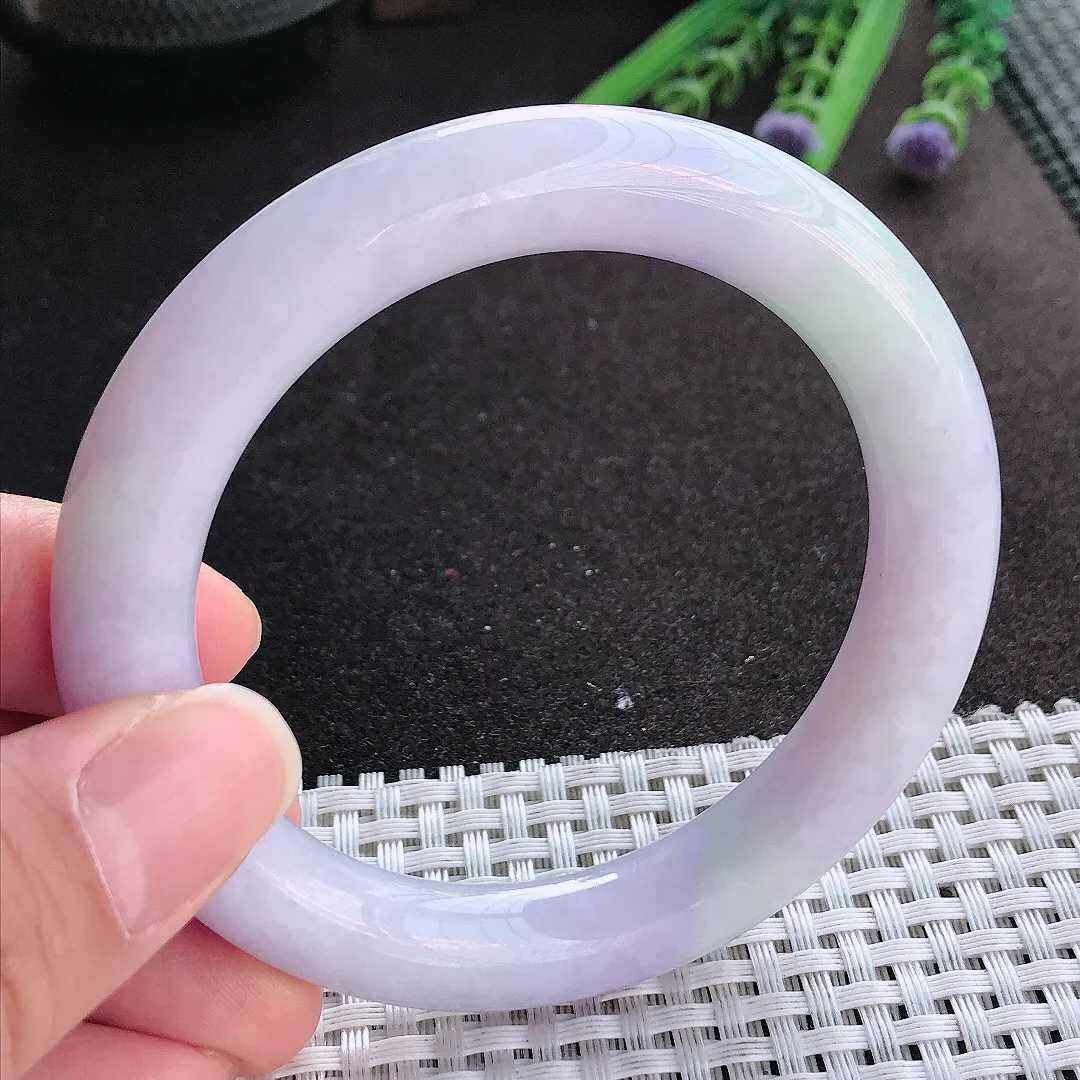 实拍A货翡翠57.5/11/10.8老坑温润紫罗兰圆条手镯翡翠玉镯手环