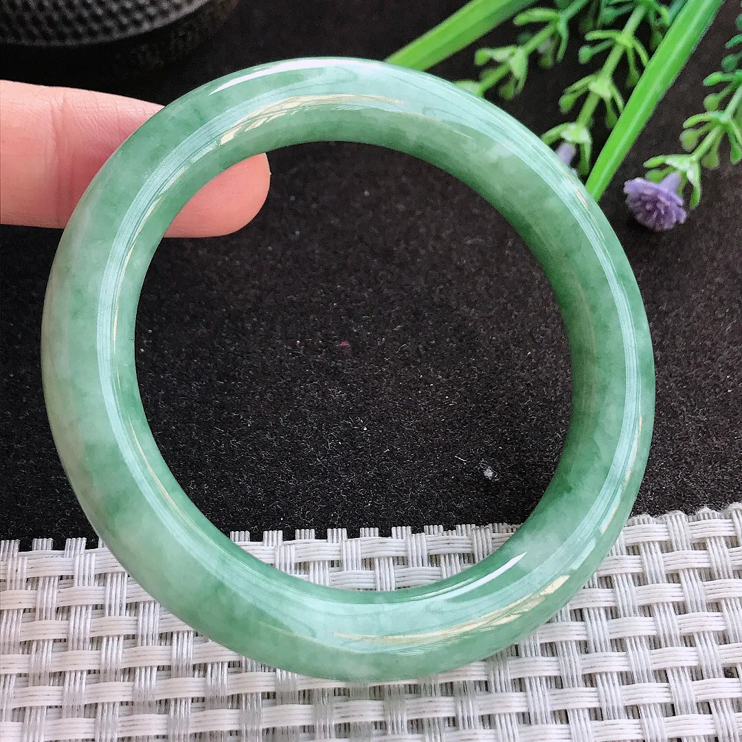 实拍A货翡翠55/10.3/10老坑温润满绿圆条手镯玉镯手环