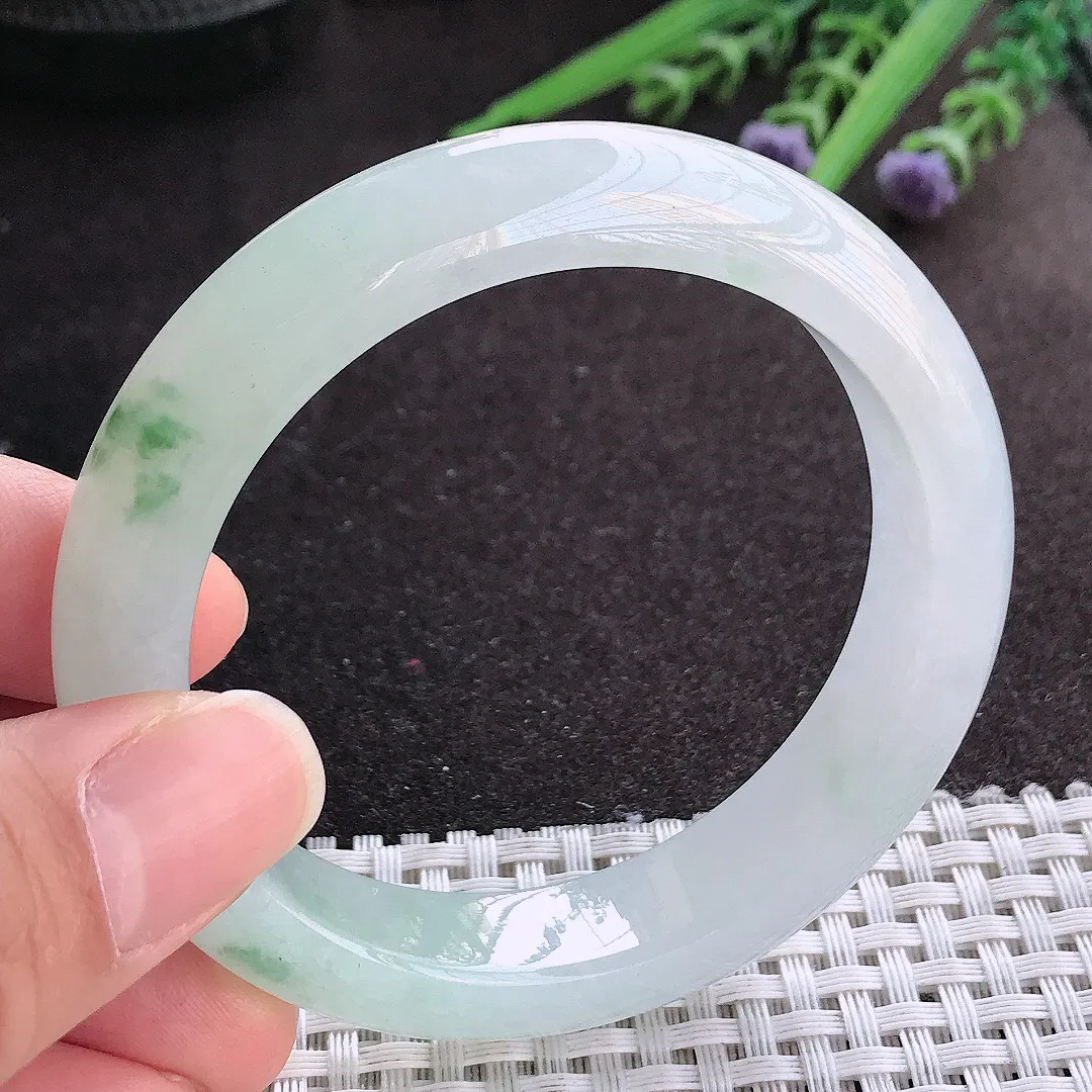 实拍A货翡翠55.5/13/8.9老坑冰透果冻胶冰飘花手镯宽边玉镯手环