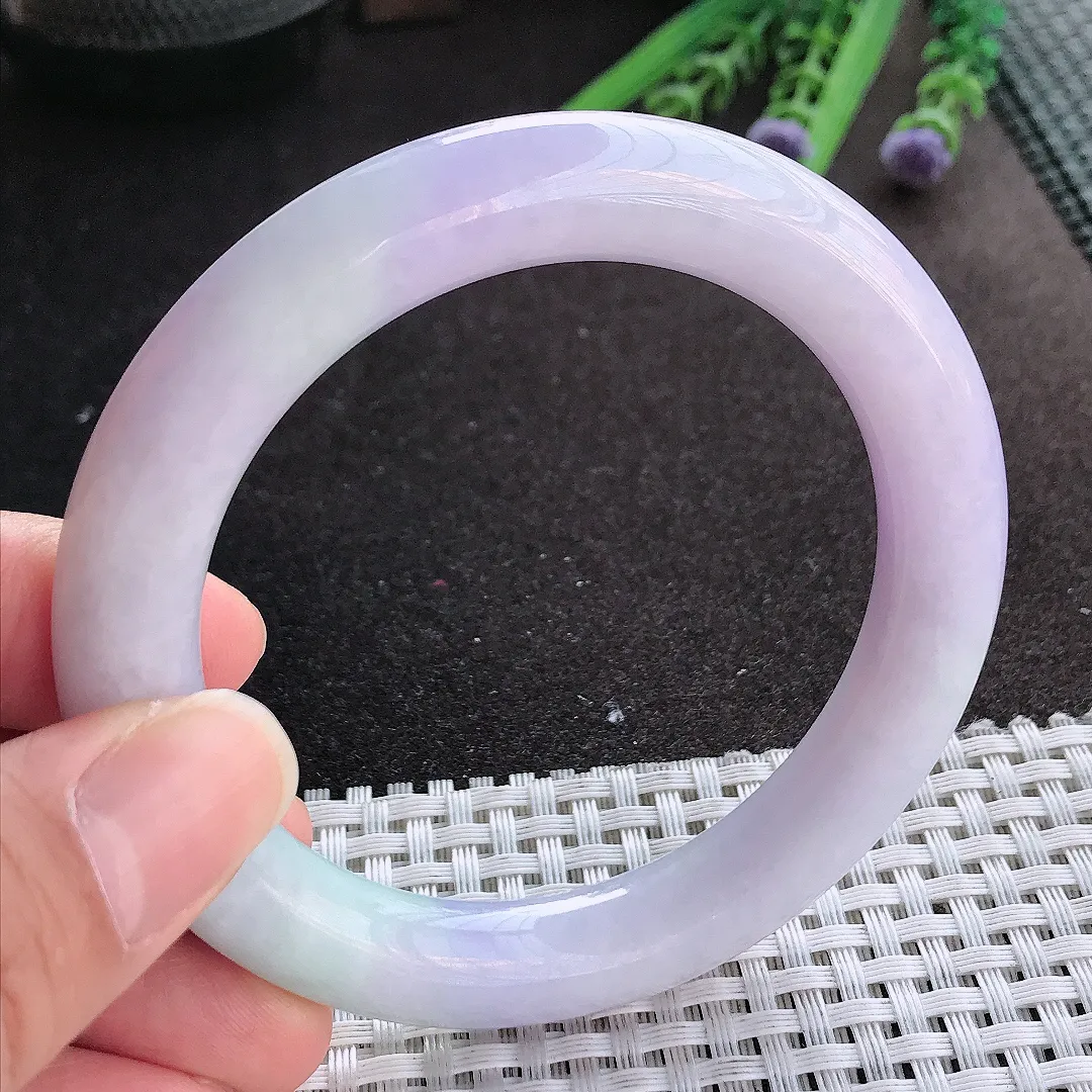 实拍A货翡翠57.5/11/10.8老坑温润紫罗兰圆条手镯翡翠玉镯手环