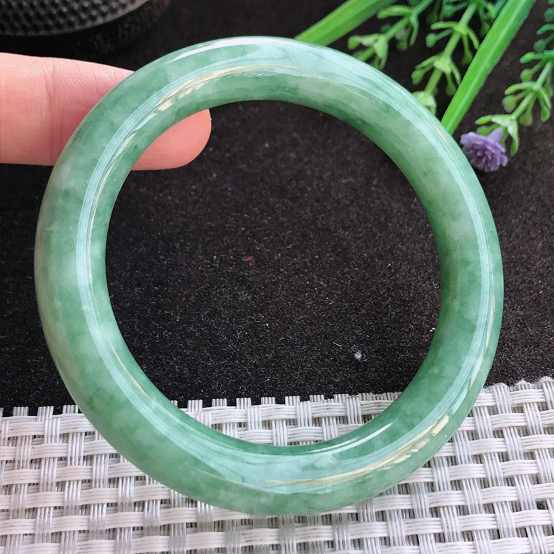 实拍A货翡翠55/10.3/10老坑温润满绿圆条手镯玉镯手环