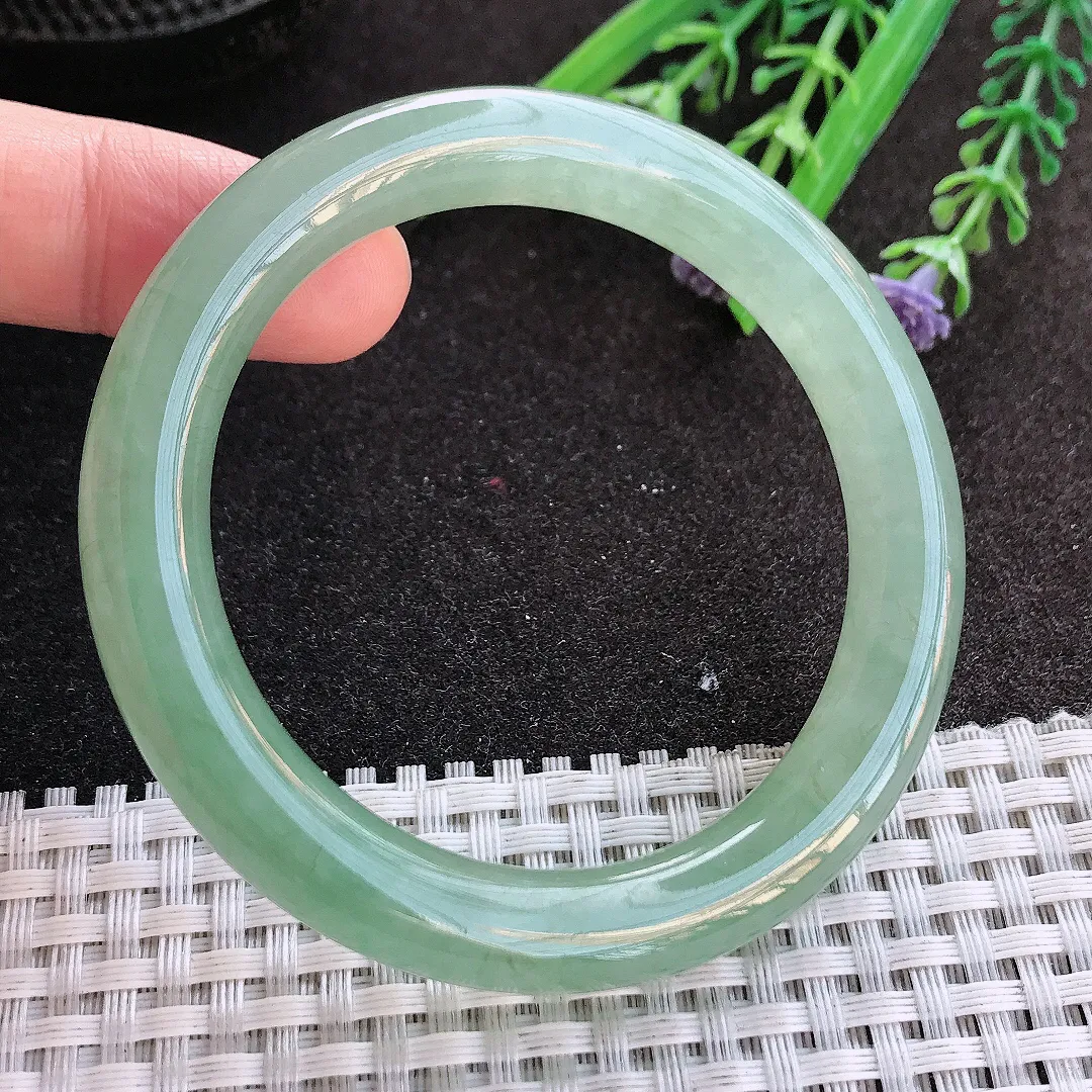 实拍A货翡翠52.5/10/9.2老坑冰胶果冻冰晴满绿圆条手镯玉镯手环