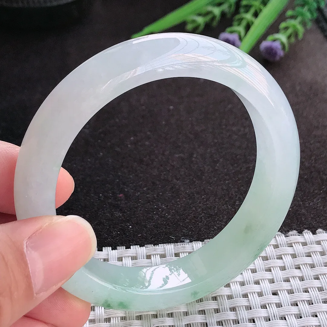 实拍A货翡翠55.5/13/8.9老坑冰透果冻胶冰飘花手镯宽边玉镯手环