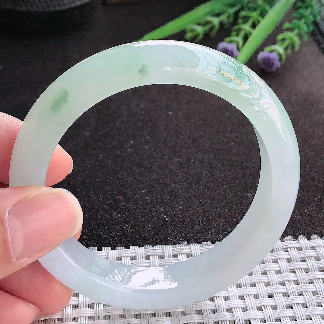 实拍A货翡翠55.5/13/8.9老坑冰透果冻胶冰飘花手镯宽边玉镯手环