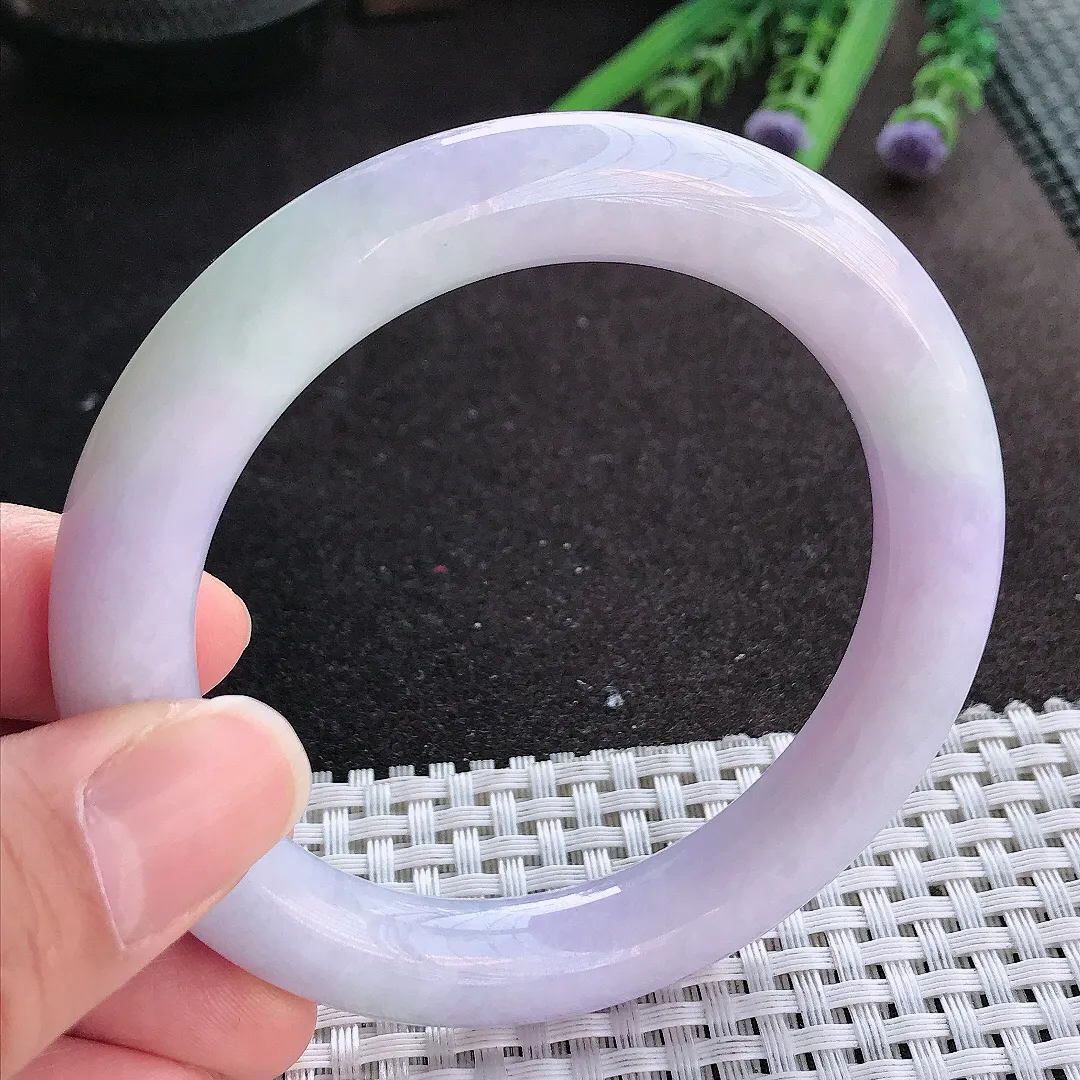 实拍A货翡翠57.5/11/10.8老坑温润紫罗兰圆条手镯翡翠玉镯手环