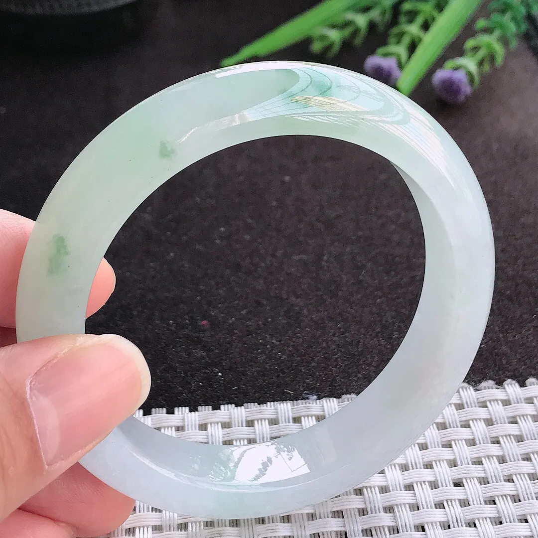 实拍A货翡翠55.5/13/8.9老坑冰透果冻胶冰飘花手镯宽边玉镯手环