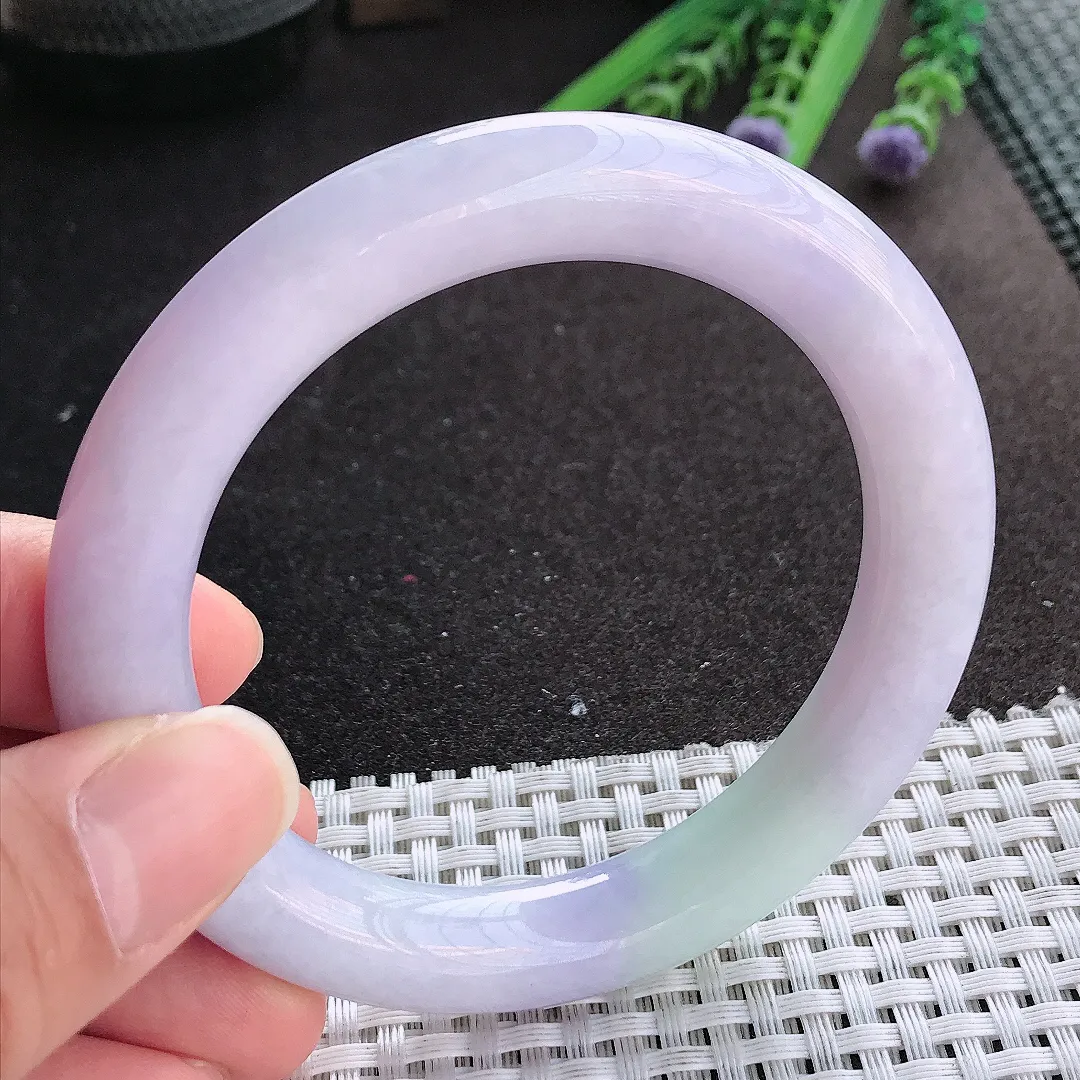 实拍A货翡翠57.5/11/10.8老坑温润紫罗兰圆条手镯翡翠玉镯手环
