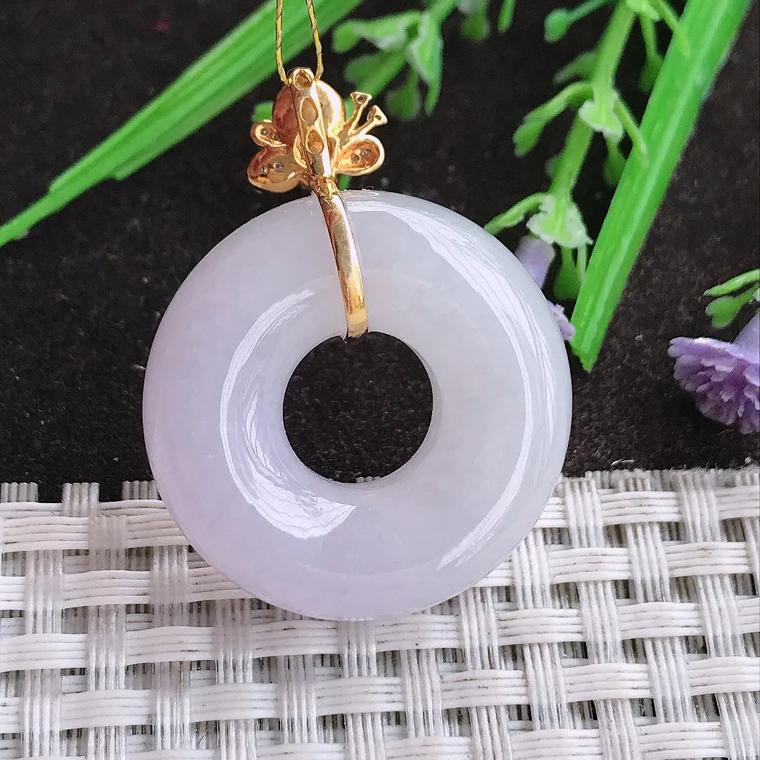 实拍A货翡翠28.3/8.8老坑18k金镶嵌冰润淡紫色平安扣吊坠翡翠玉环挂件