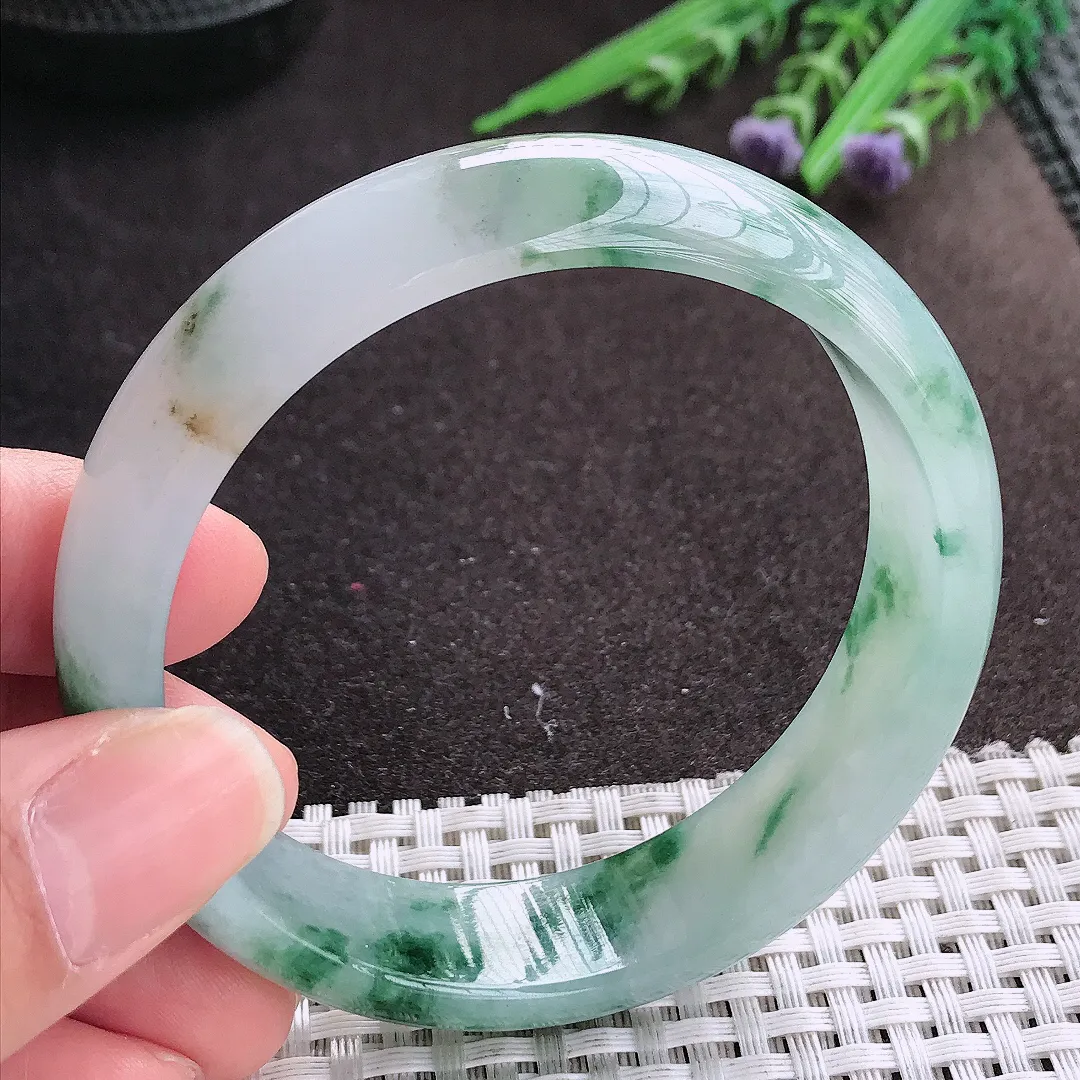 实拍A货翡翠59/15.8/7.3老坑冰润起胶飘花轮胎手镯宽边玉镯手环