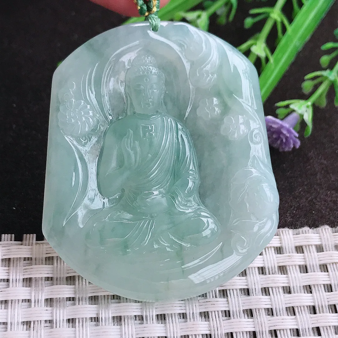 实拍A货翡翠53/45/5.8老坑冰胶水灵冰晴阿弥陀佛吊坠翡翠挂件