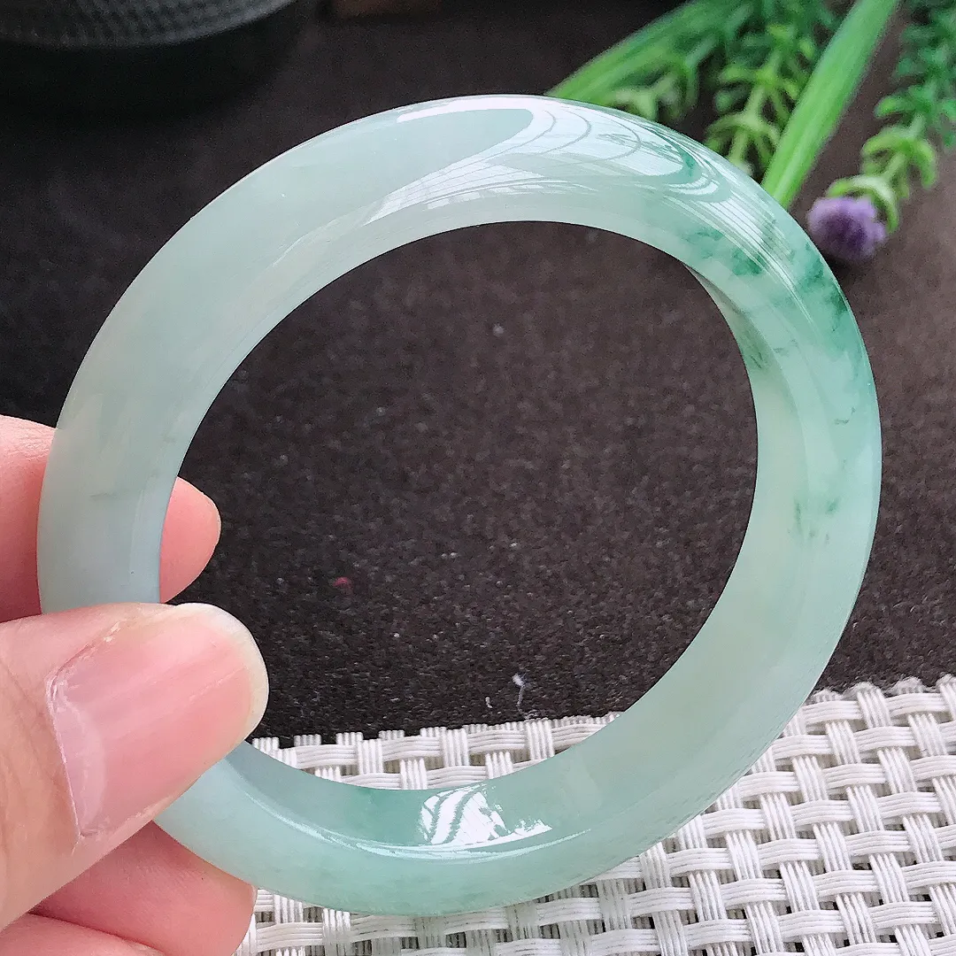 实拍A货翡翠55/11.7/8.6老坑冰胶水灵飘花蓝花手镯宽边玉镯手环