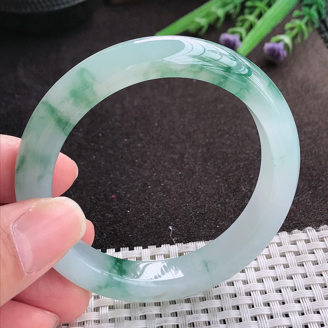 实拍A货翡翠55/11.4/8.6老坑冰胶果冻冰飘花手镯宽边玉镯手环