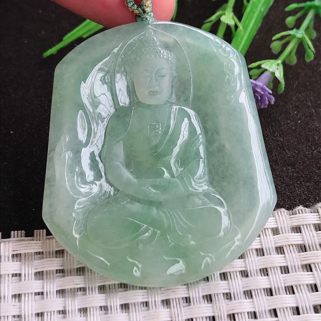 实拍A货翡翠53.2/47.8/4.8老坑冰润起胶冰晴绿大日如来佛祖吊坠翡翠挂件