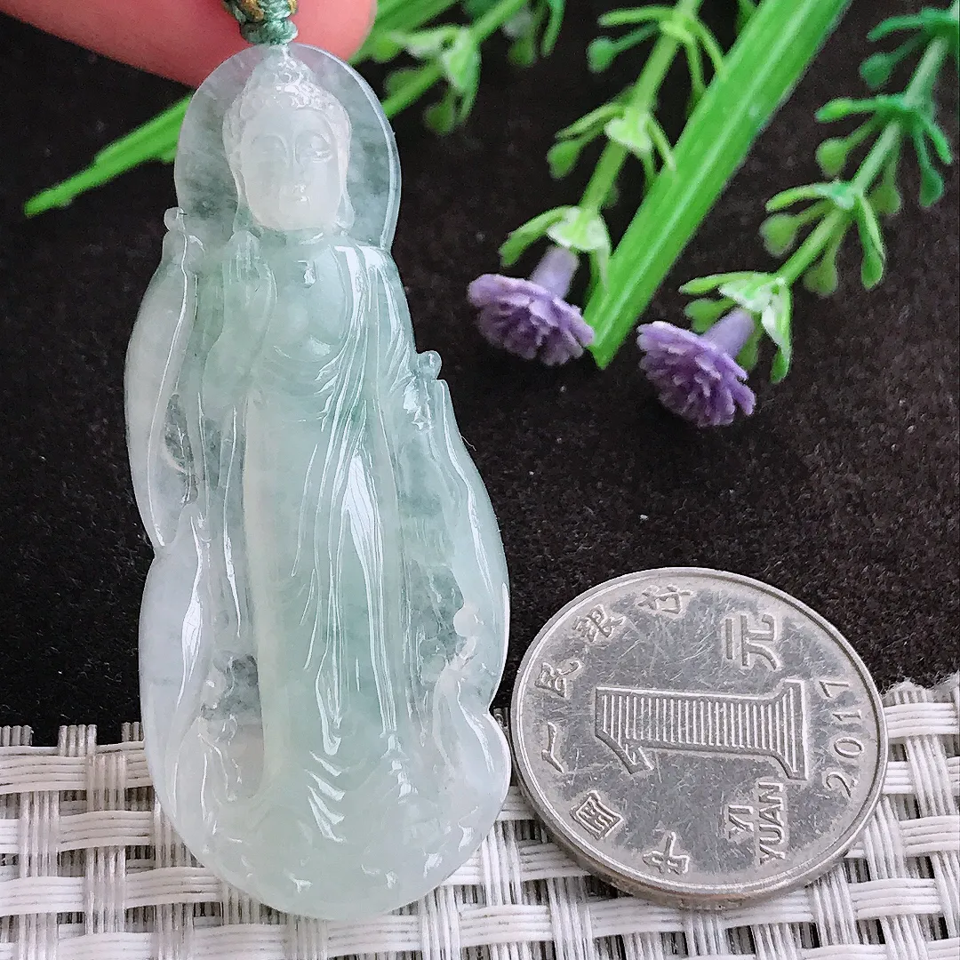 实拍A货翡翠54.8/23.2/6.8老坑冰胶果冻阿弥陀佛吊坠翡翠站佛挂件