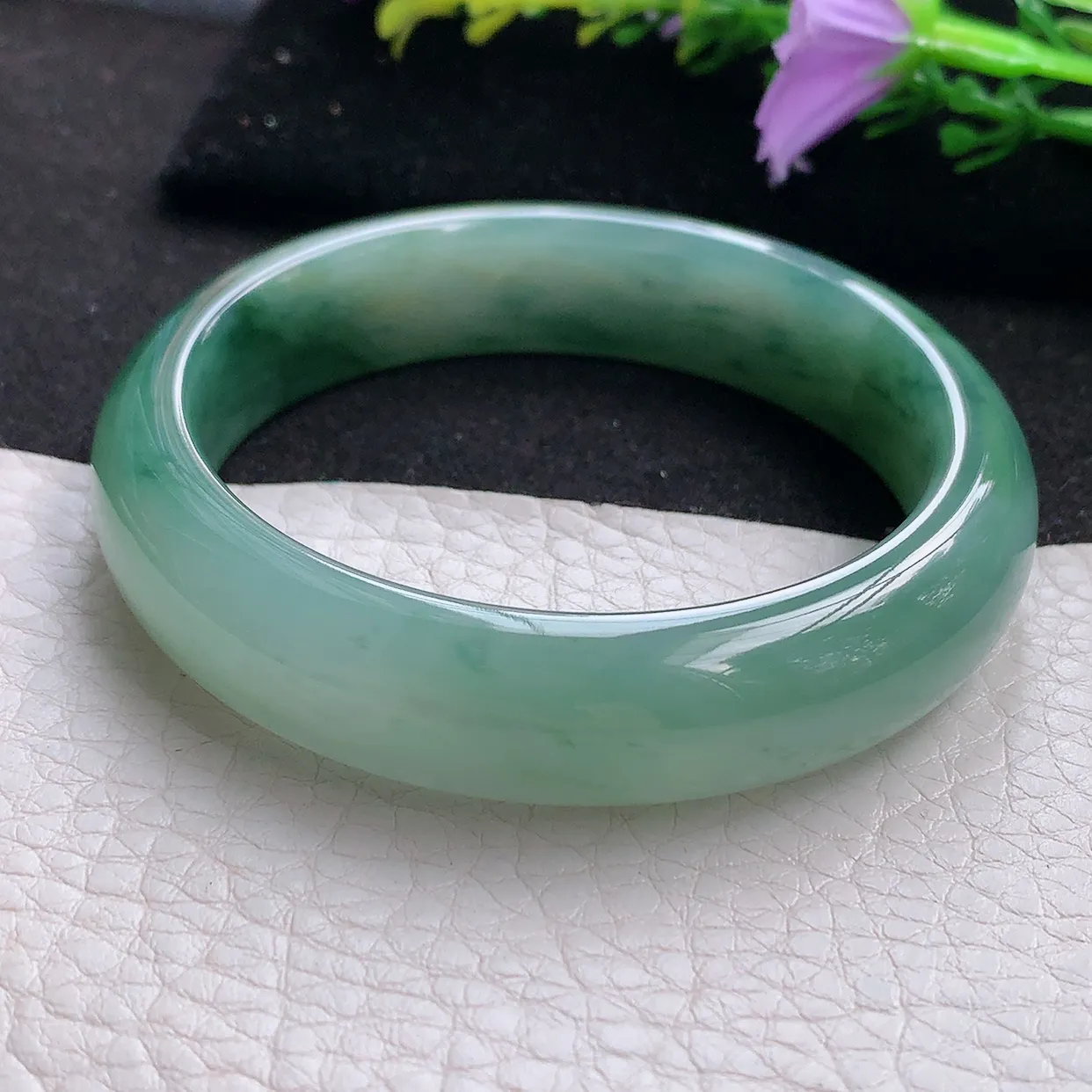 jm实拍54*13*8平安镯 天然翡翠A货蓝韵玉手镯飘花宽边玉手环