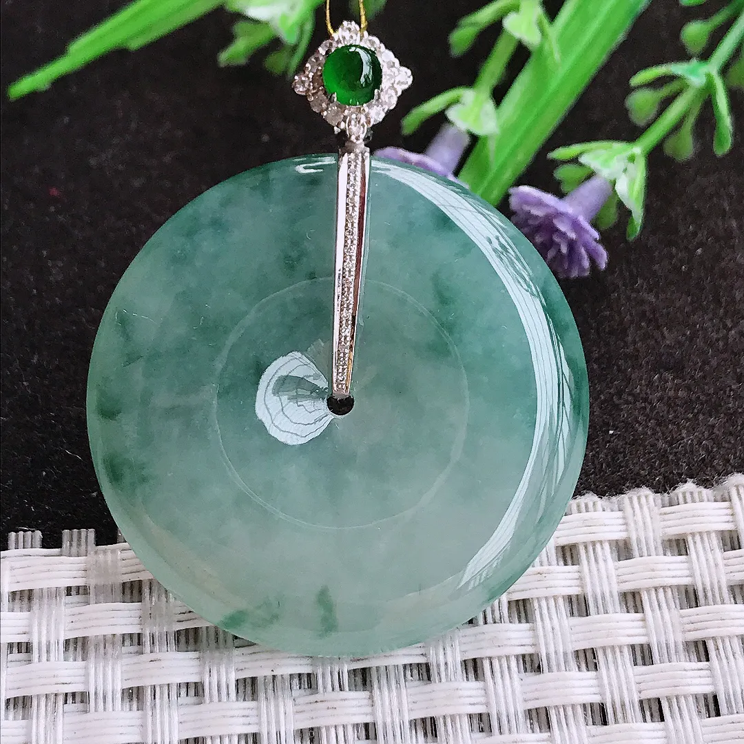 实拍A货翡翠37/6.2老坑18k金镶嵌冰胶果冻飘花平安扣吊坠翡翠挂件