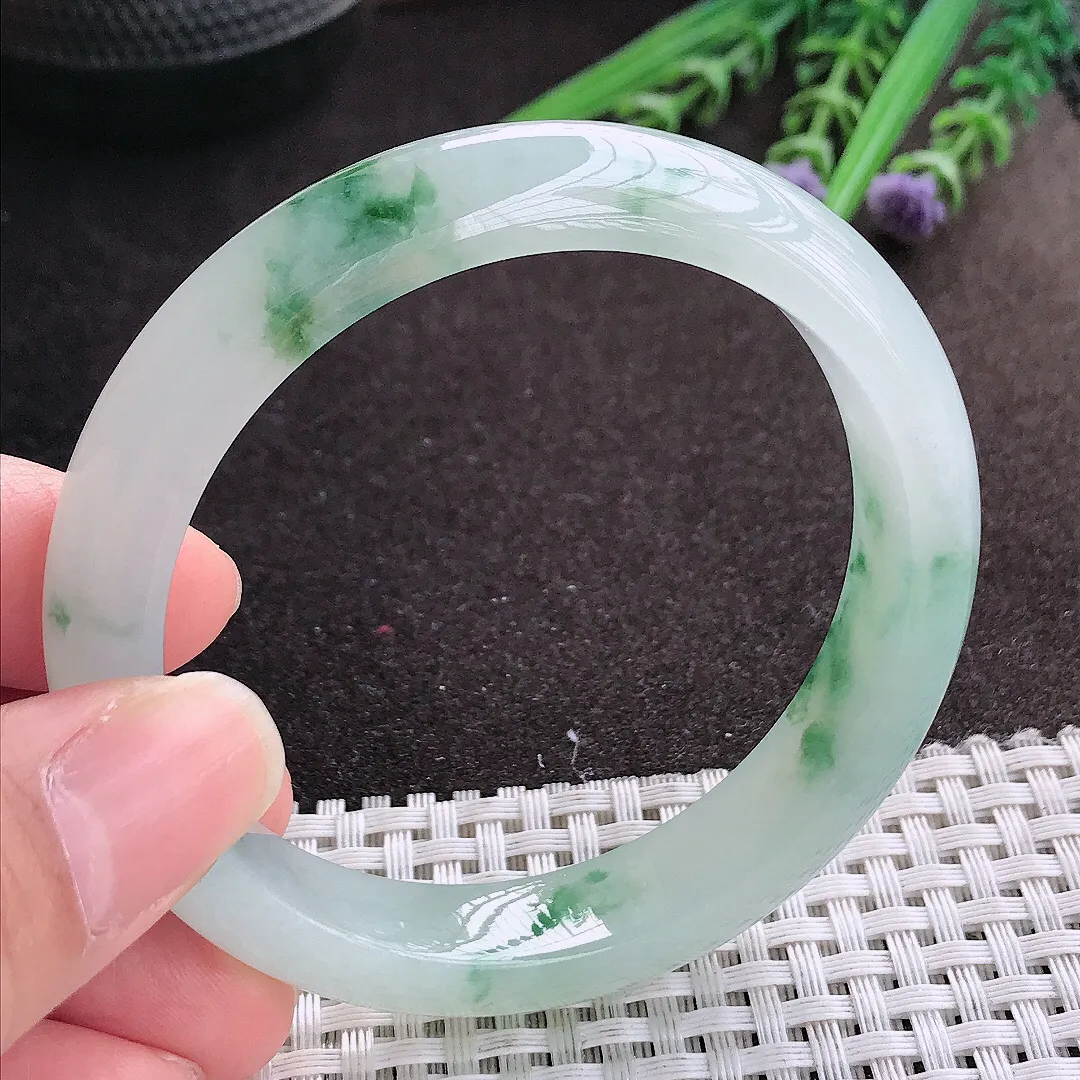 实拍A货翡翠56.5/12.1/8老坑冰胶水灵冰飘花手镯宽边玉镯手环