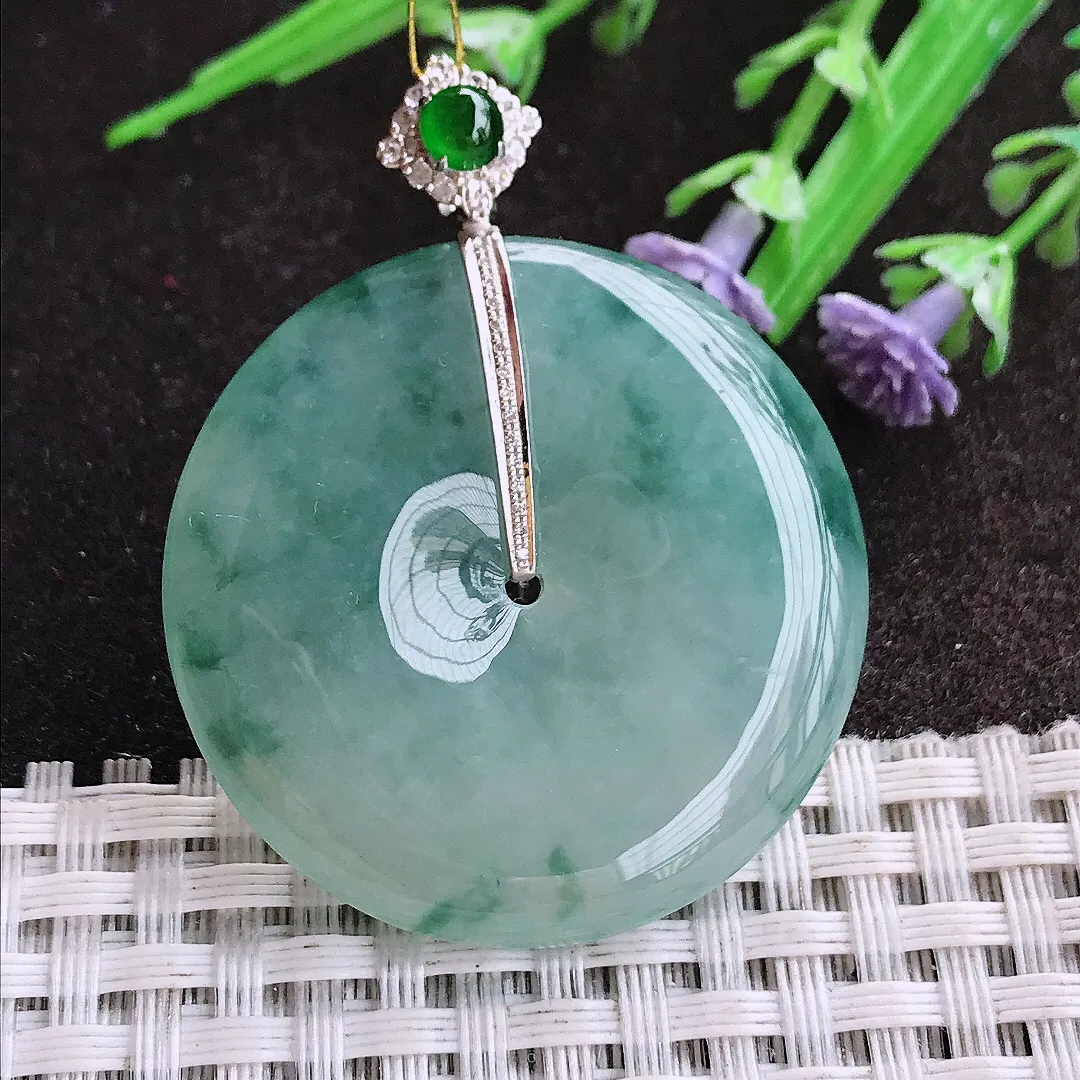 实拍A货翡翠37/6.2老坑18k金镶嵌冰胶果冻飘花平安扣吊坠翡翠挂件