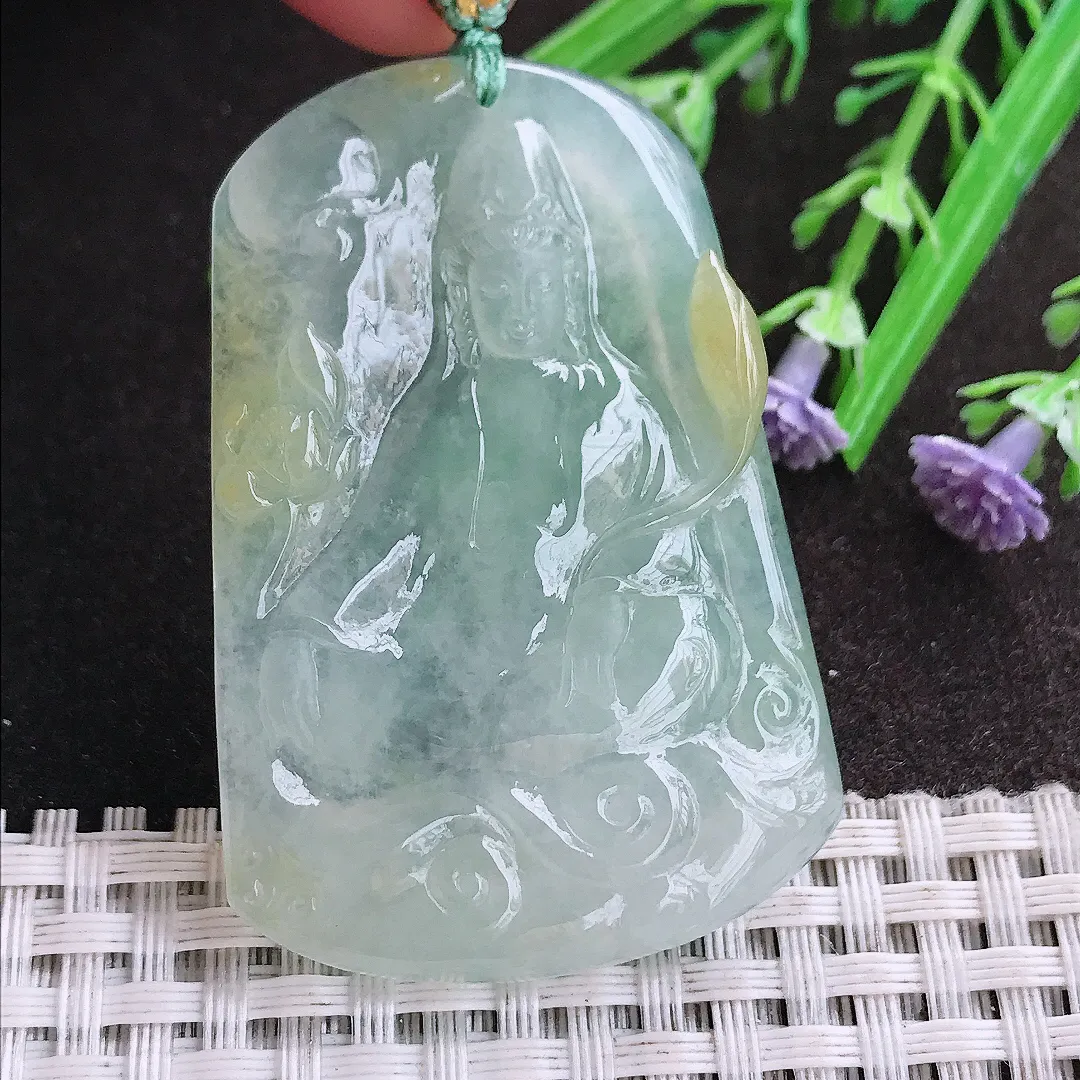 实拍A货翡翠53/35.8/6老坑冰胶果冻冰晴自在观音吊坠翡翠挂件